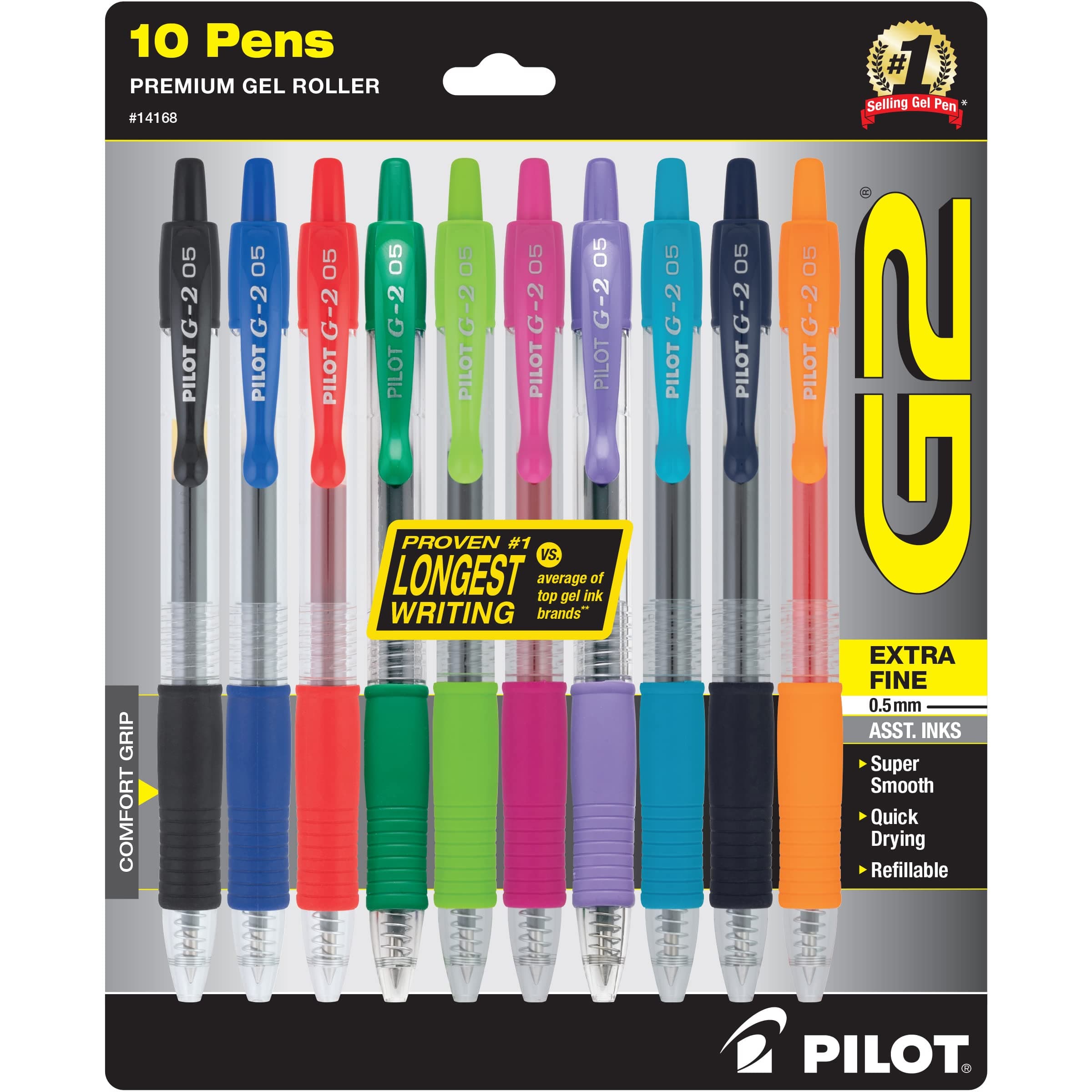 G2 Premium Retractable Gel-Ink Rolling Ball Pens, Extra Fine Point (0.5mm), Assorted, 10/Pk (14168)