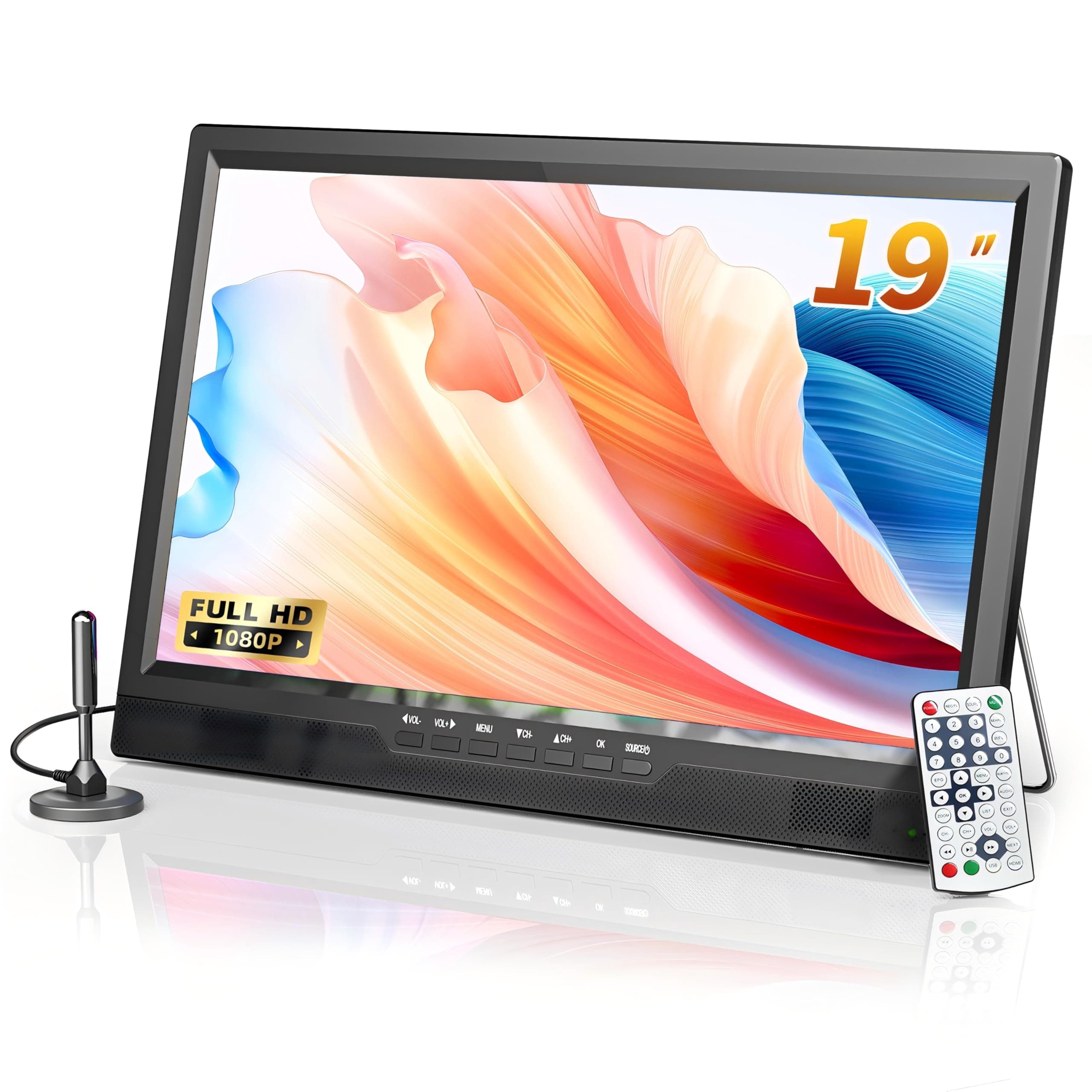 Desobry 19 Inch Portable TV with Antenna, 1080P Small TV with Rechargeable Battery, HDMI AV Input, USB Port, Outdoor with Built-in Stand, 12V tv for campervan/bedroom/kitchen/camping/motorhomes