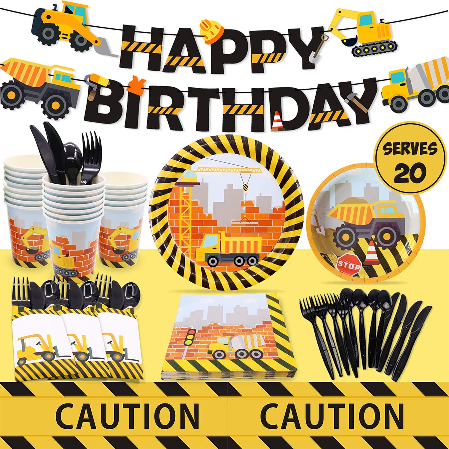 Construction Birthday Party Supplies (Serves 20) - Including Dump Truck Plates, Tablecloth, Cups, Napkins, Black Flatware and Pre-Assembled Happy Birthday Banner Decorations