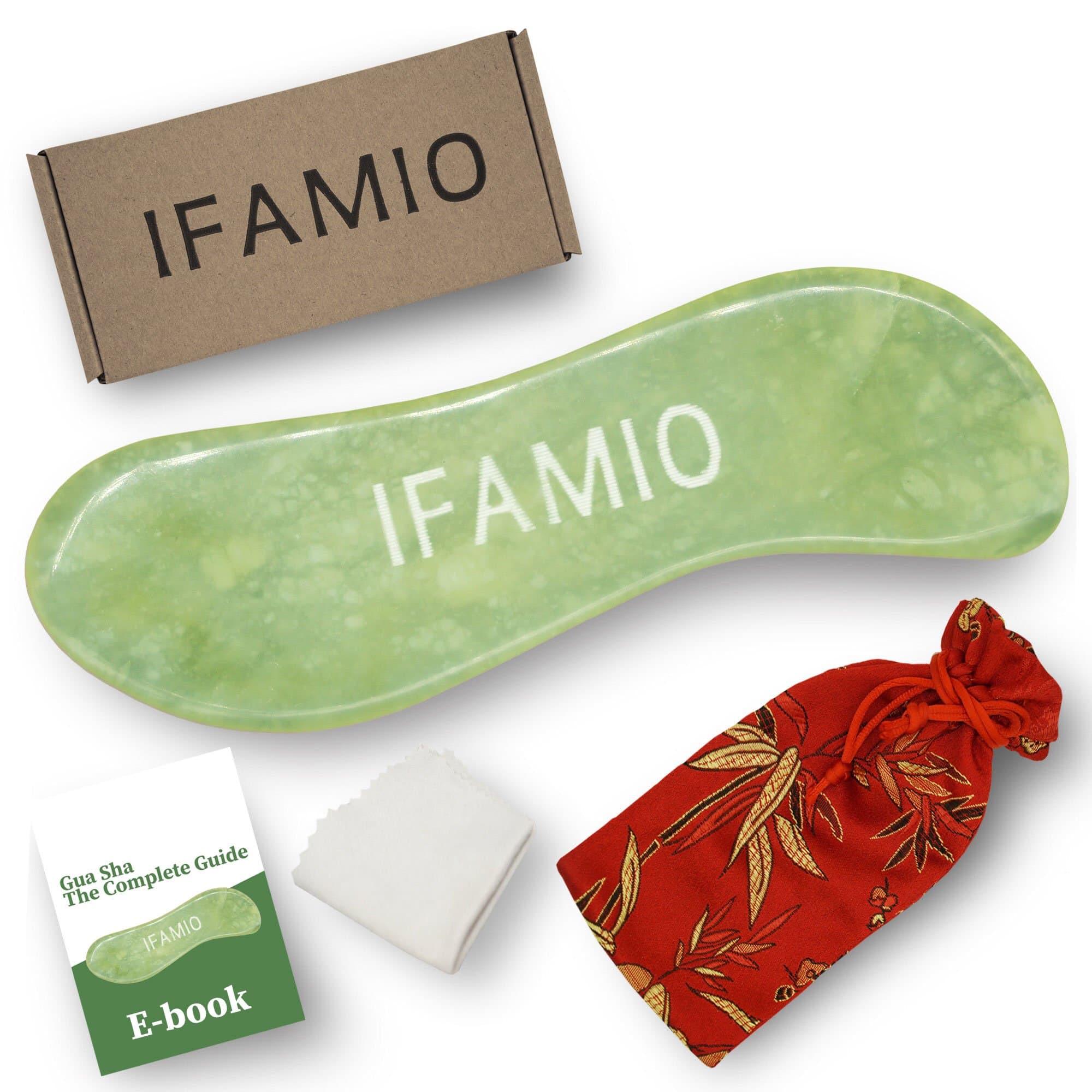 IFAMIO Handmade Jade Gua Sha Massage Tool, High Quality Natural GuaSha Stone Facial and Body Scraping Board for SPA Acupuncture Trigger Point Treatment, Best Physical Therapy Tool with Bag and Ebook
