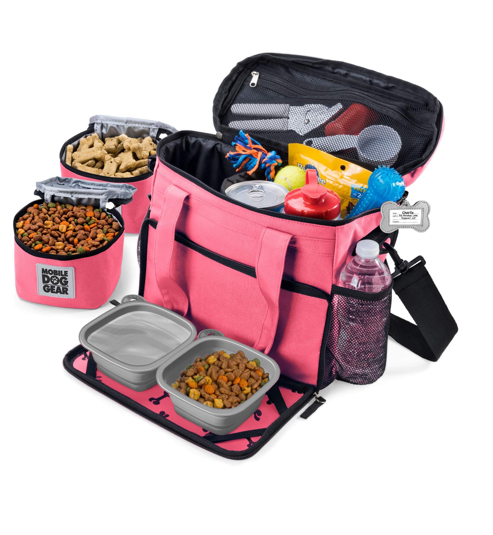 Week Away Dog Travel Bag for Small Dogs, Includes Lined Food Carriers and 2 Collapsible Dog Bowl, Pink