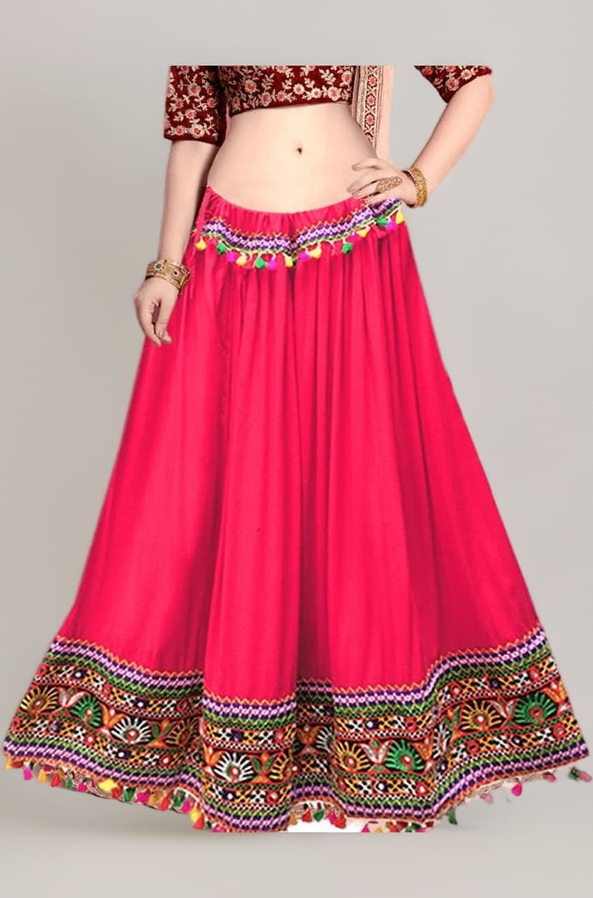 DIAMO Kutchi Embroidered Border Ethnic Gujarati Style Cotton Rayon Long Skirt/Chaniya