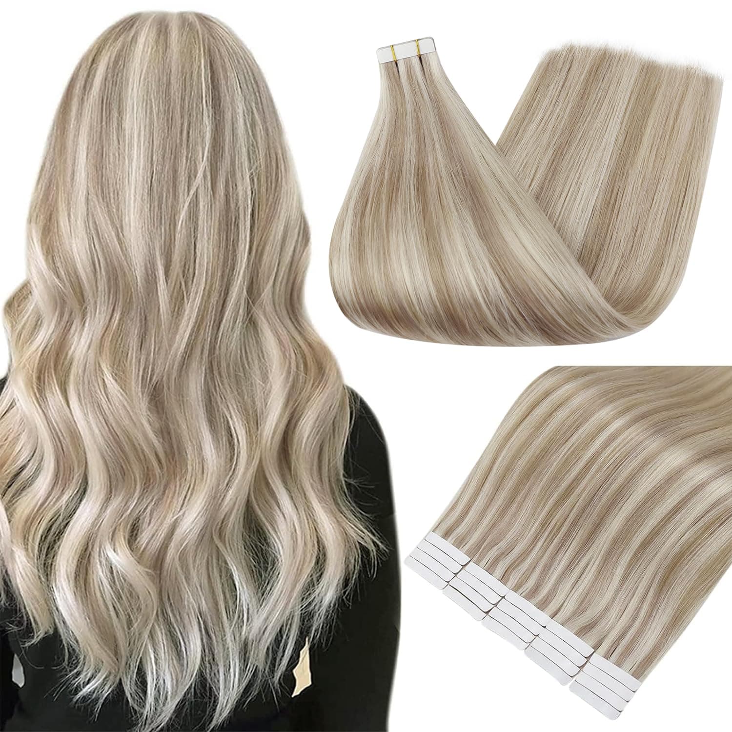Full Shine Tape in Hair Extensions Human Hair 18 Inch Color 18 Dirty Blonde Highlighted 613 Ash Blonde Invisible Straight Remy Human Hair Extensions Tape in 20PCS 50 Grams for Party