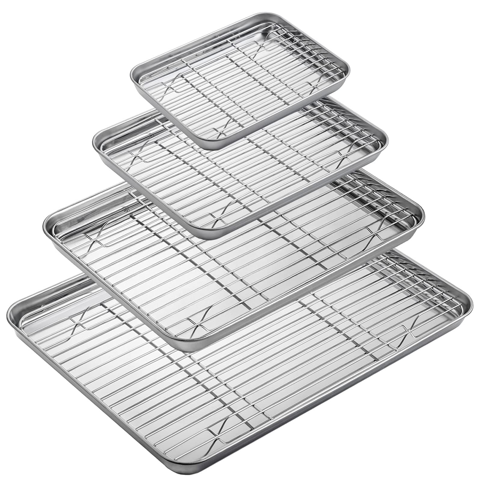 WEZVIX Baking Sheet with Cooling Rack Stainless Steel Set of 4 Cookie Sheets and Rack Set Oven Tray Pan Rectangle Size, Non Toxic & healthy, Rust Free & Less Stick, Easy Clean & Dishwasher Safe