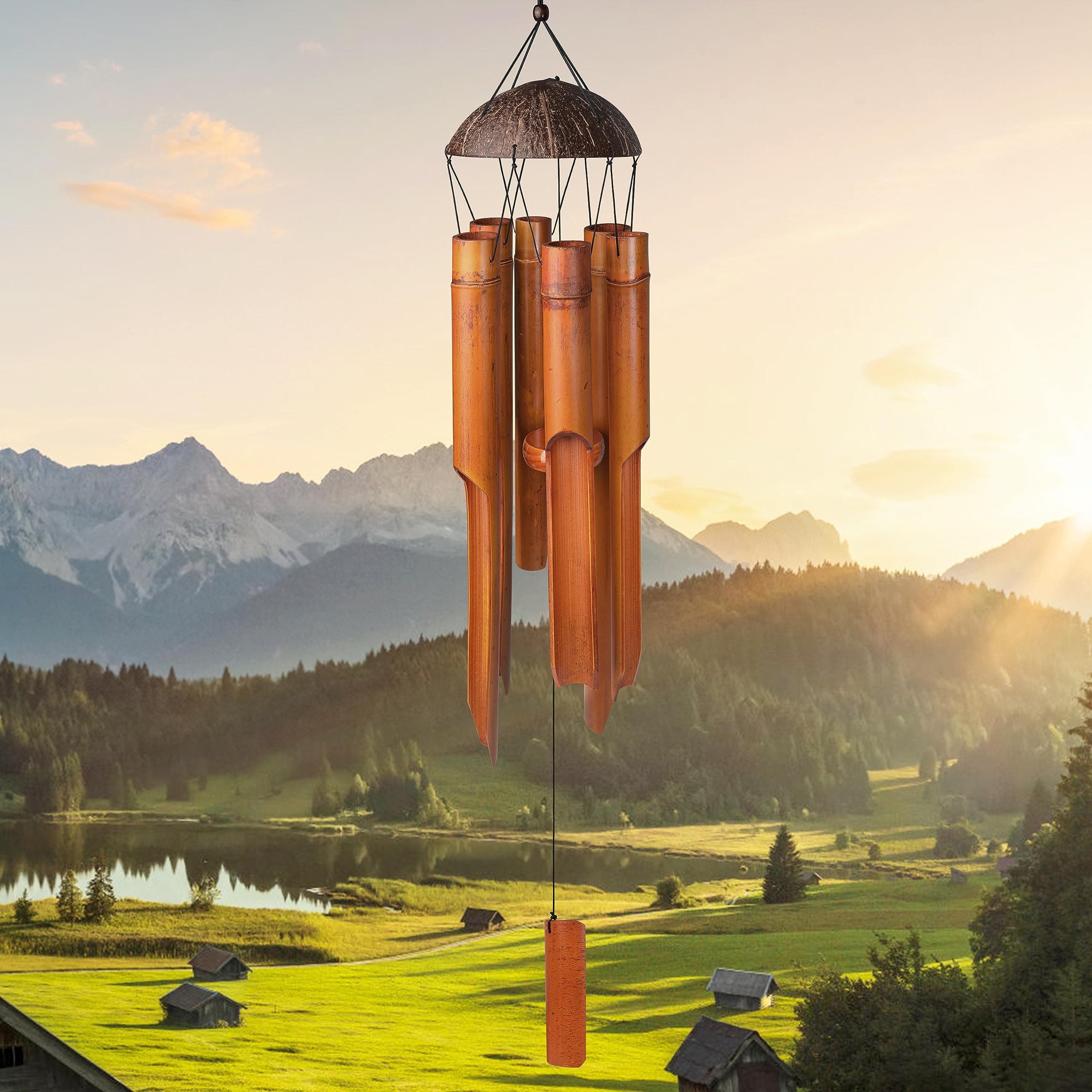 Bamboo Wind Chimes 38" 6 Pipes, Handcrafted Wooden Wind Chime Bring a Unique and Soothing Melody, Create a Zen Atmosphere for Outdoor Indoor Decor, for Sympathy, Memorial