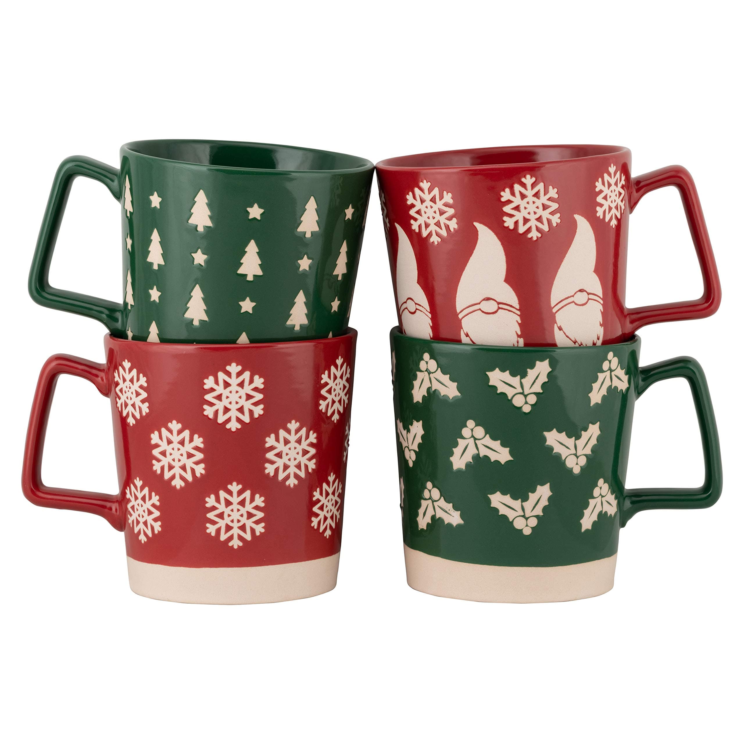 Ceramic Assorted Holiday Set of 4 Mugs, Red/Green