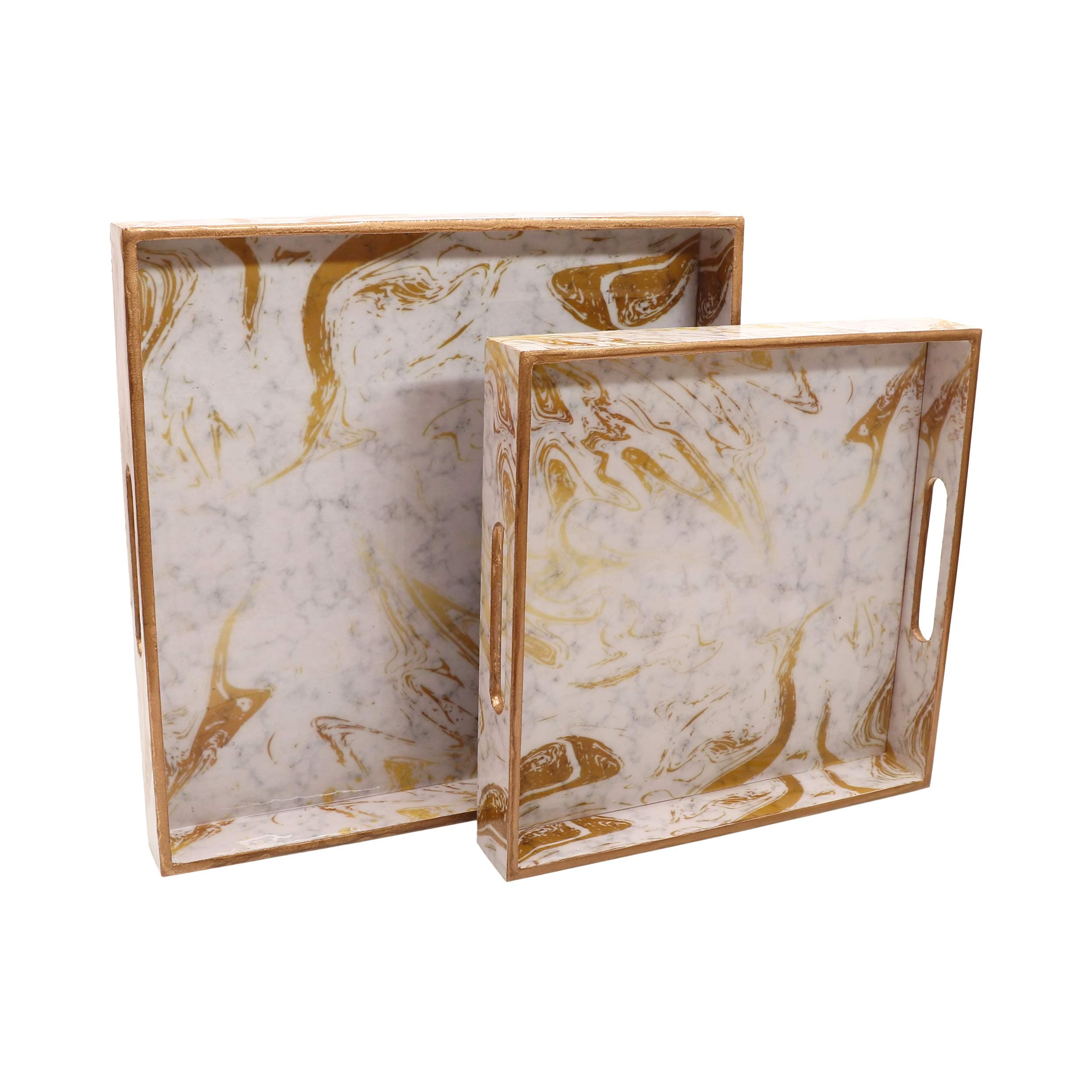 BeFunky Designer MDF Wooden Serving Trays Set with Handle | Set of 2 Trays | with Special Enamel Coating (White & Gold)