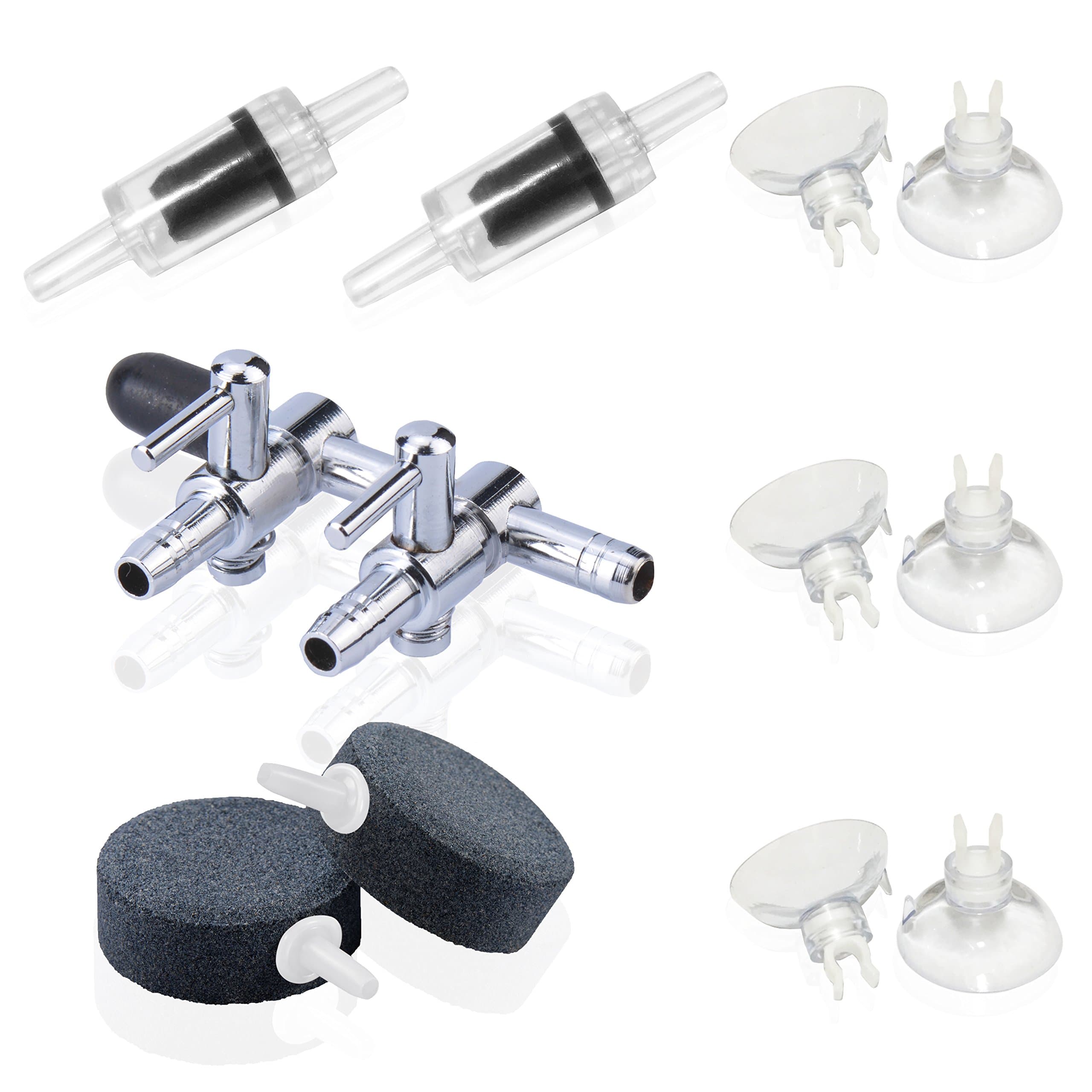 Aquarium Air Pump Airline Tubing Kit include 1-Pcs 2-Way Outlet Air Valve, 2-Pcs Air Stone, 2-Pcs Check Valves and 6-Pcs Suction Cups Fit for 3/16-Inch Fish Tank Air Hose