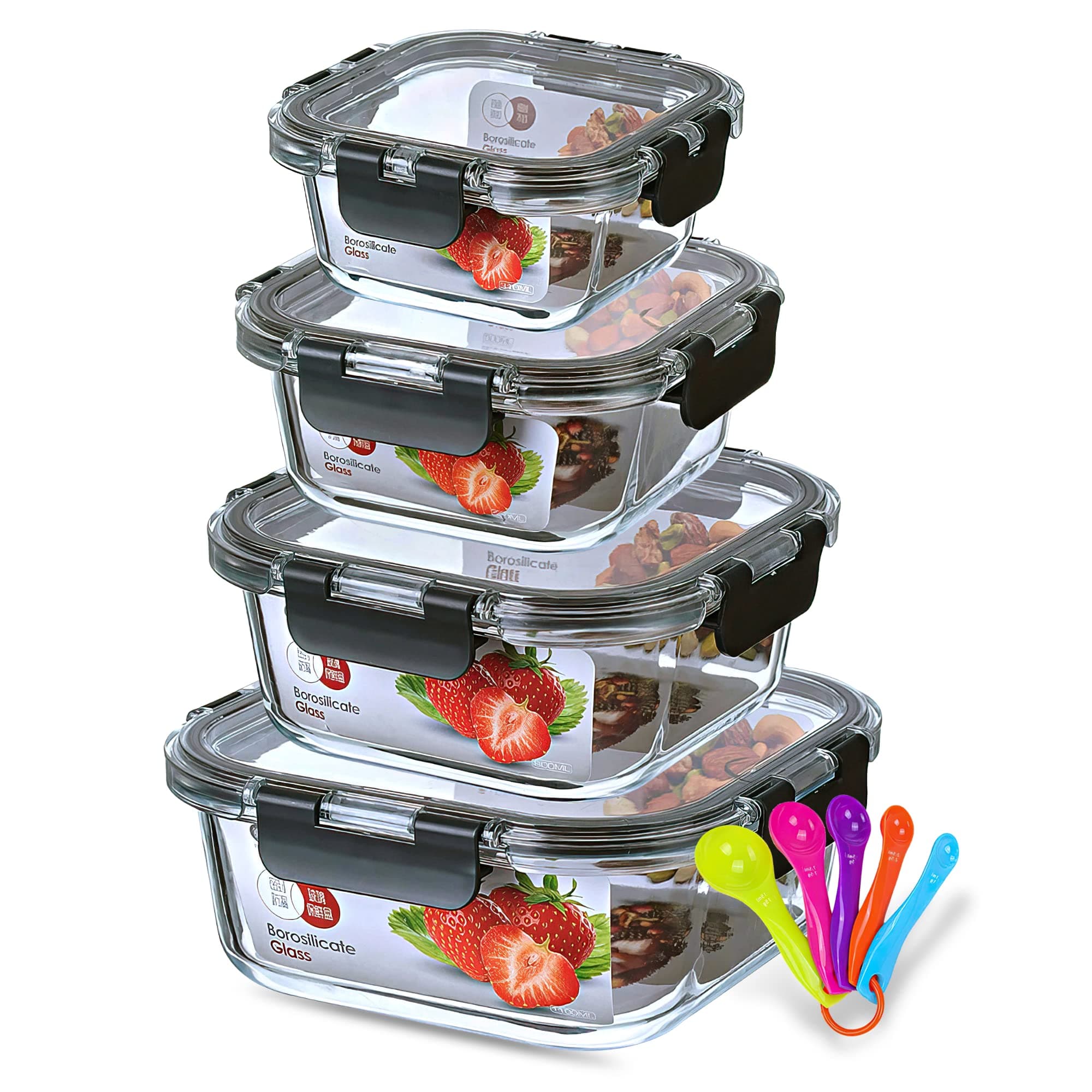 Kitchen Glass Containers Storage Set of 4, High Quality Heat Resistant Meal Prep Containers, Kitchen Containers with Lids Airtight, Healthy Meal Prep, Microwave & Dishwasher Safe, Square
