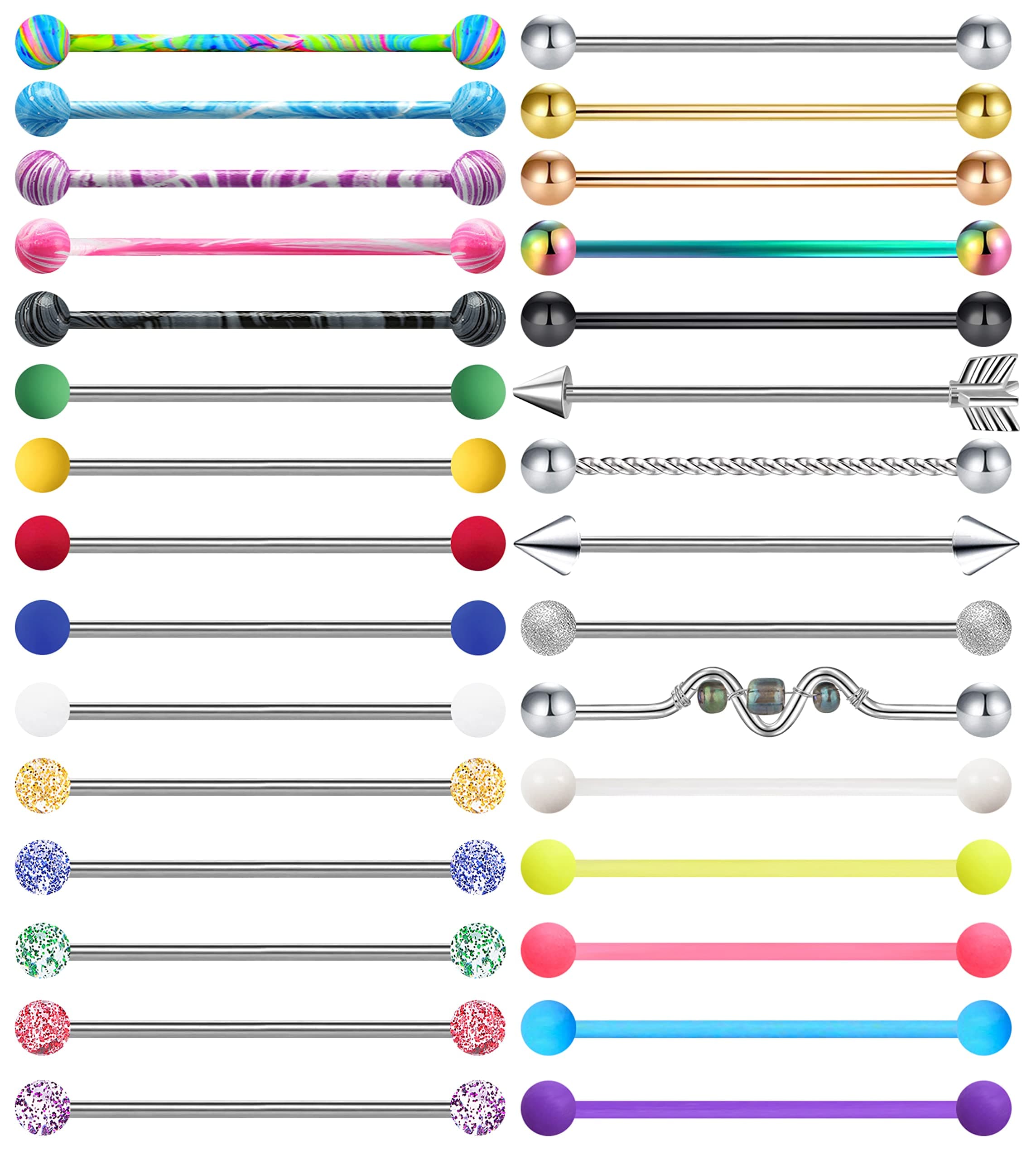 30Pcs 14G Stainless Steel Industrial Barbell Earrings for Women Men Cartilage Helix Body Piercing Jewelry 38mm 1&1/2 Inch Piercing Bar