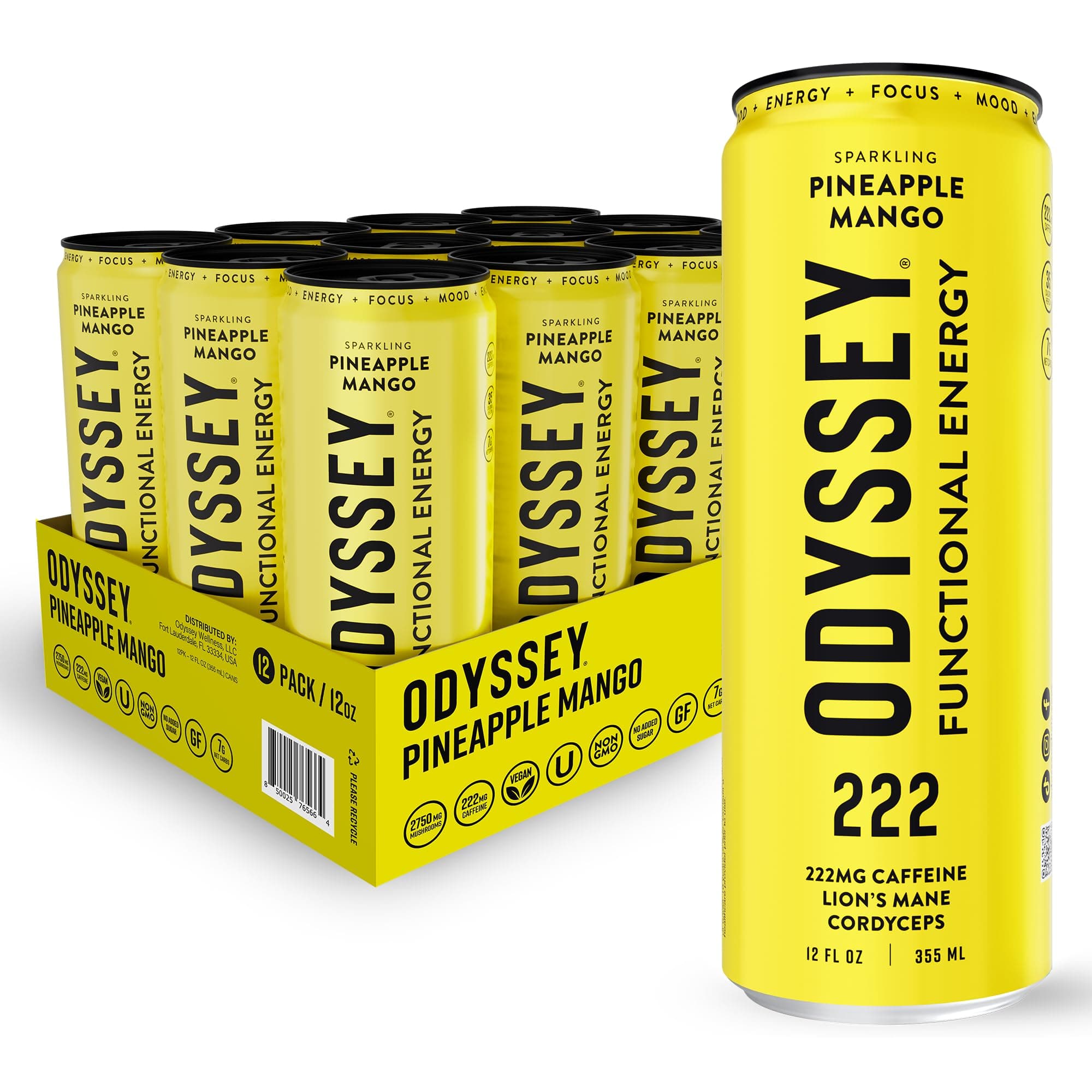 Odyssey 222 - Sparkling Energy Drink - 222 mg of Caffeine - Lion's Mane & Cordyceps - Energy & Focus - Endurance & Stamina - Nootropic - Pre Workout - Pineapple Mango