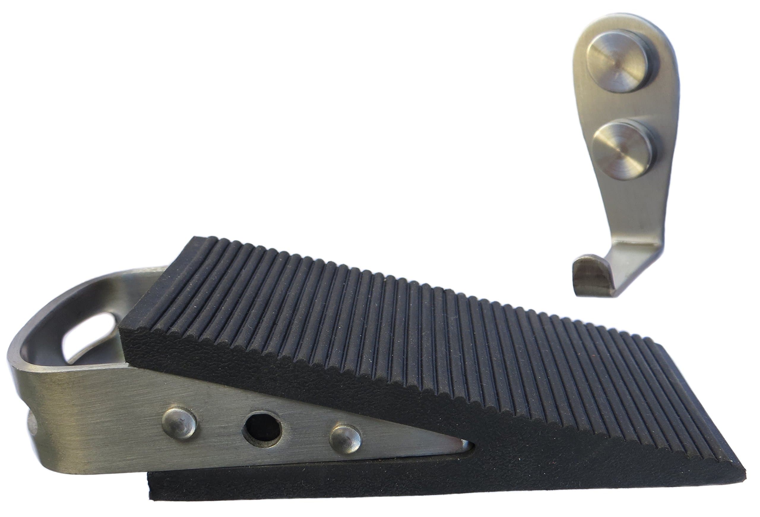Door Stop - Low Profile Wedge Shaped Rubber Door Stopper with Brushed Stainless Steel Handle and Hook Accessory by Everything is Play