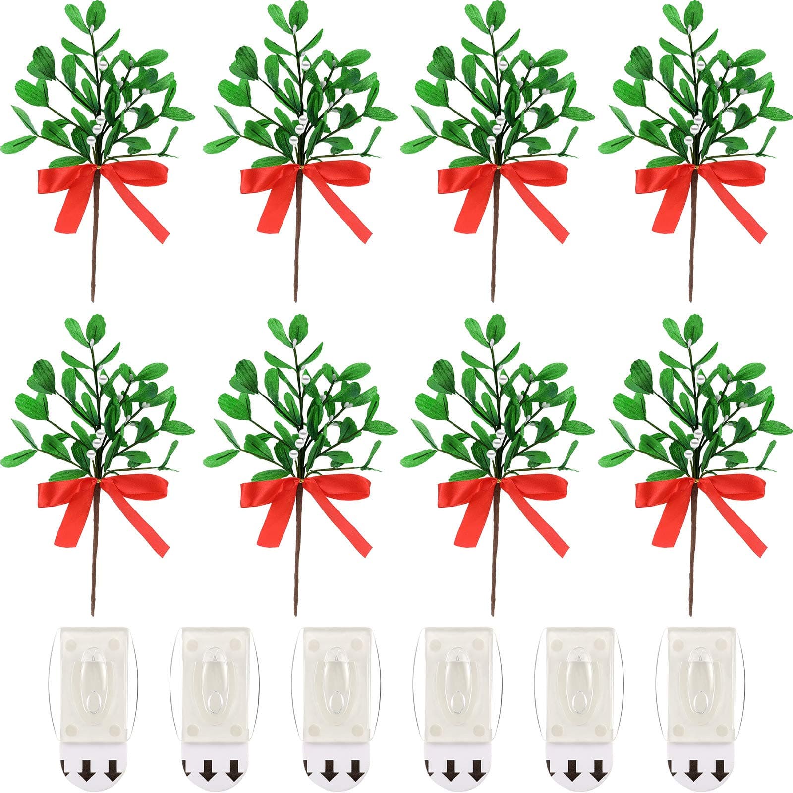 WILLBOND 6 Pieces Artificial Mistletoe Picks Christmas Fake Mistletoe Branches with Red Bow and 6 Pieces Sticky Hooks Adhesive Wall Hanging Hooks for Christmas Party Decor