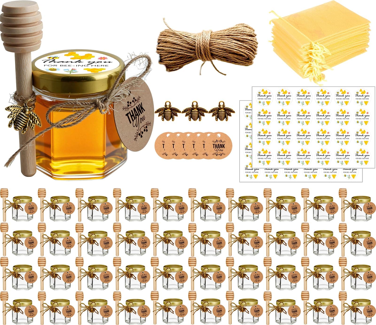 Adabocute Honey Pot, Glass Honey Jars, Small Honey Jars with Wooden Dippers, Bee Charms, Gold Gift Bags and Jutes Lids, Mini Honey Jars Baby Shower Favors, 1.5oz 40 Pack