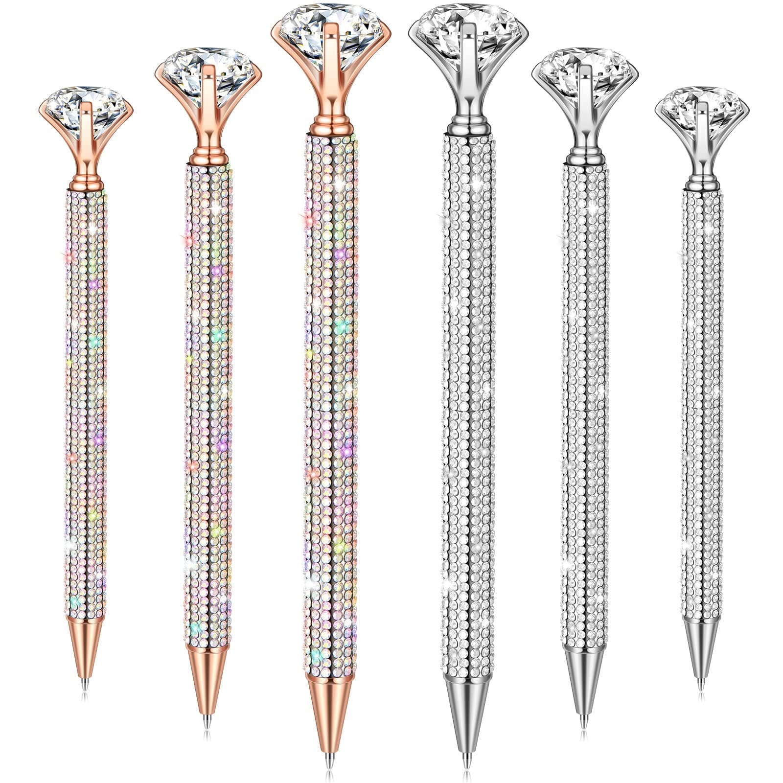 Jeyiour 6 Pcs Big Diamond Pens with Crystal Bling Rhinestone Metal Glitter Diamond Ballpoint Black Ink Pens Wedding Bridal Shower Favors for Birthday Gift Supplies(Silver, Rose Gold)