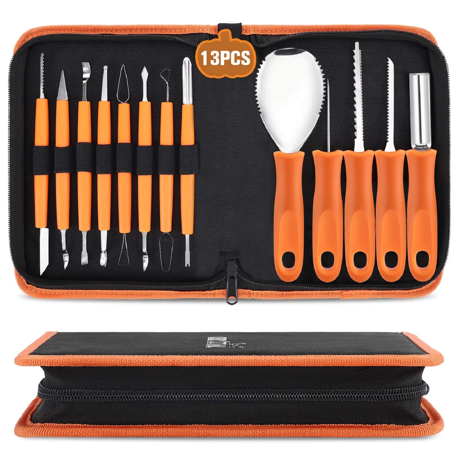 Pumpkin Carving Kit Tools Halloween, 13PCS Professional Heavy Duty Carving Set, Stainless Steel Double-side Sculpting Tool Carving Kit for Halloween Decoration Jack-O-Lanterns