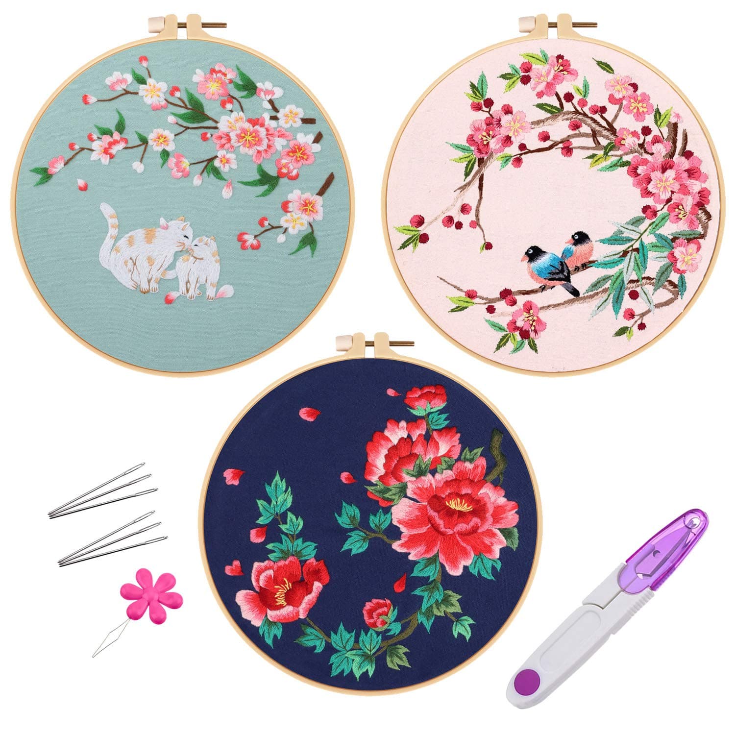 HCSSZ 3 Pack Embroidery Kits with Pattern for Beginners Starter, Full Range of Stamped Cross Stitch Kit with 3 Embroidery Hoop,Embroidery Clothes with Birds,Peony Flower and Cats,Thread,Scissor