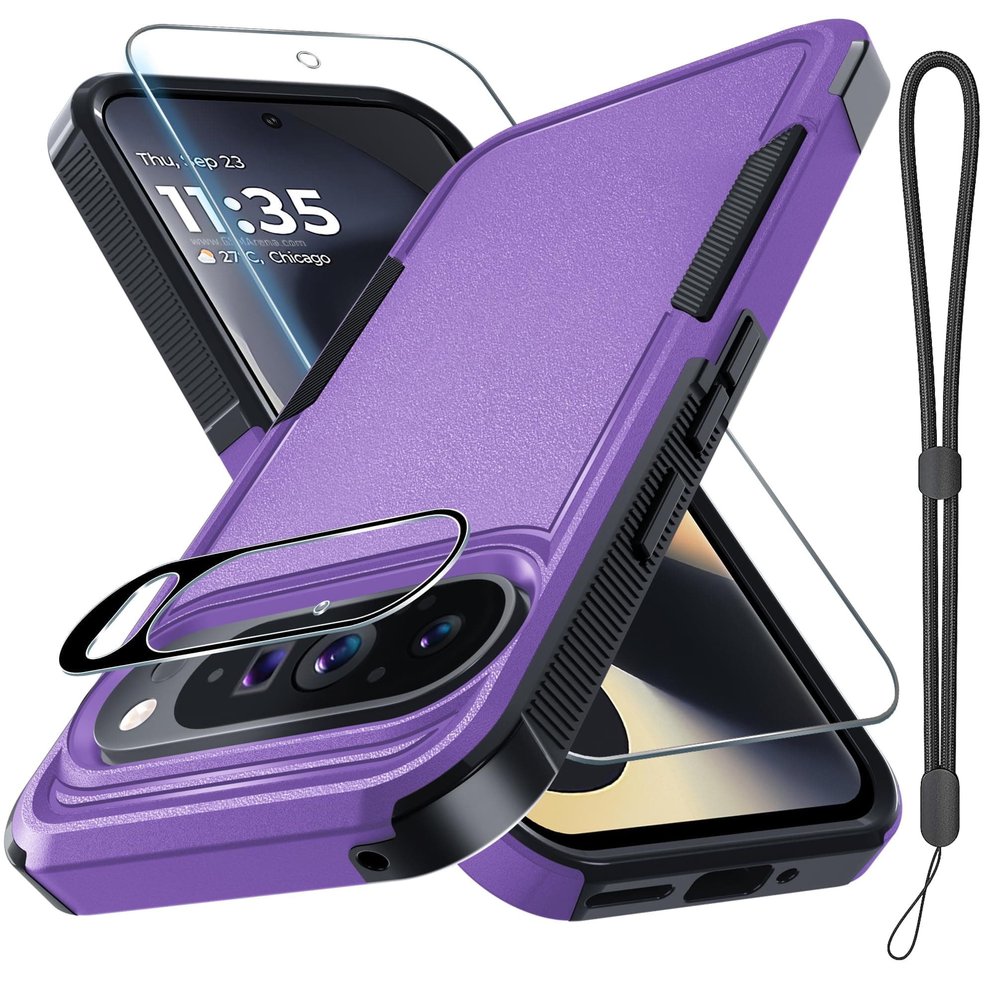RMOCR Case for Google Pixel 9/9 Pro, Full Body Heavy Duty Rugged Shockproof Protective Phone Cover with Lanyard Strap, Tempered Glass Screen Protector and Camera Lens Cover, Lavender