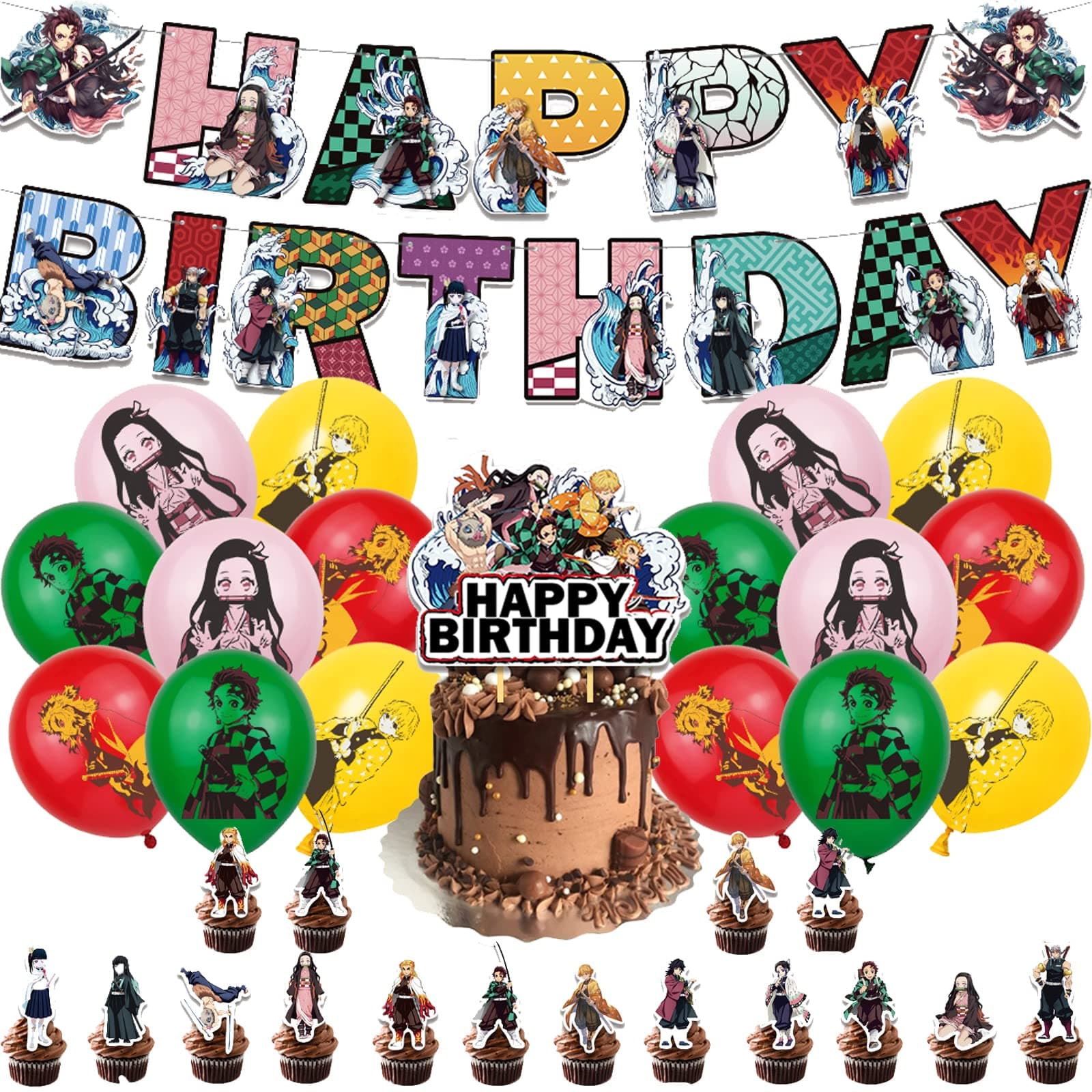 Dinoeye Birthday Decoration Pack: 13pcs Cake Toppers, 1pcs Birthday Banner, 16pcs Anime Balloons (Blue, Pink, White, Gold)