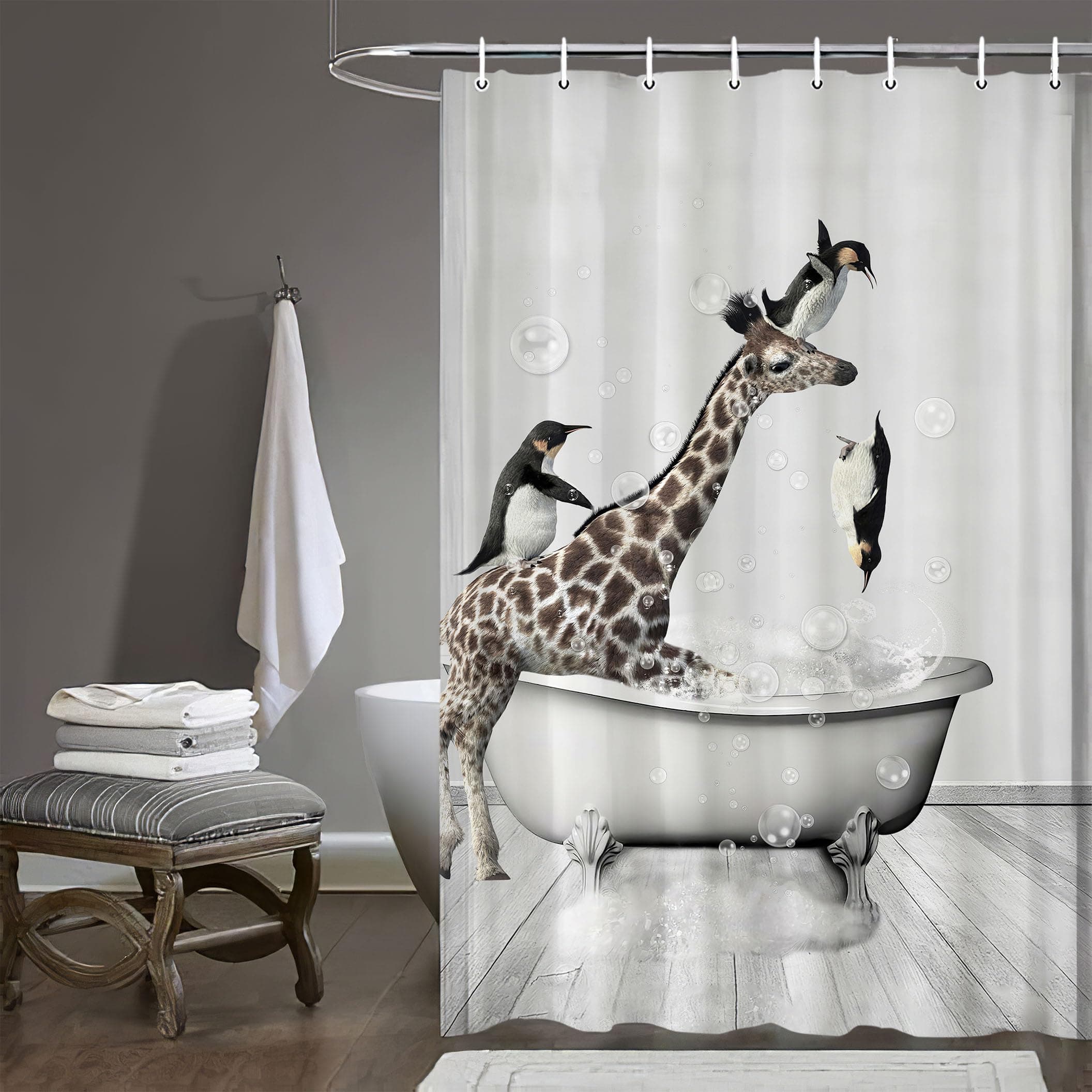banonaty Funny Giraffe Shower Curtain Giraffe Penguin Animal Bathtub Shower Curtains for Bathroom Grey Plastic Shower Curtain with Hooks Waterproof Polyester Fabric Bathroom Decor 60x72Inch