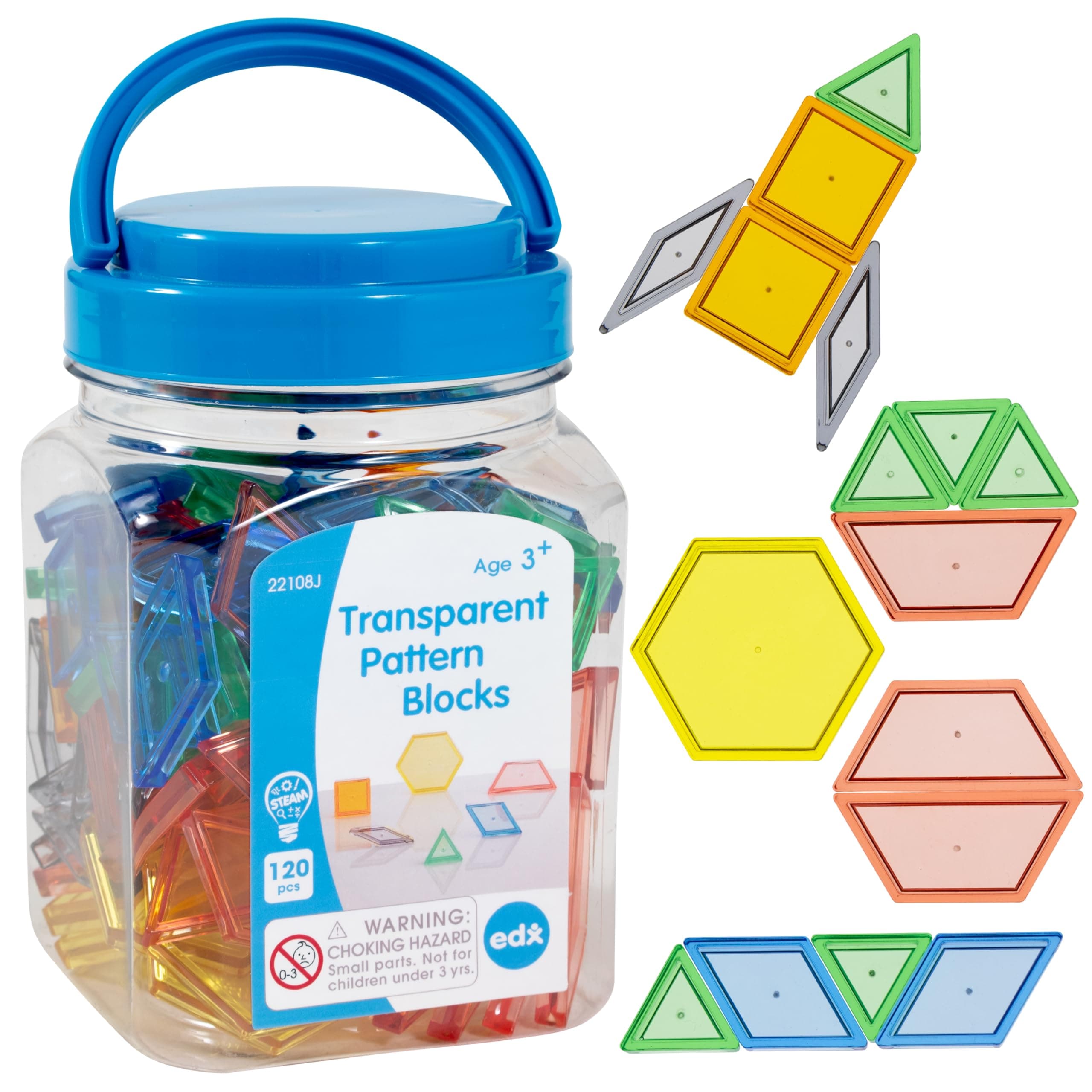 edxeducation Plastic Transparent Pattern Blocks | 120 Pieces | Light & Colour Exploration, Maths Resources