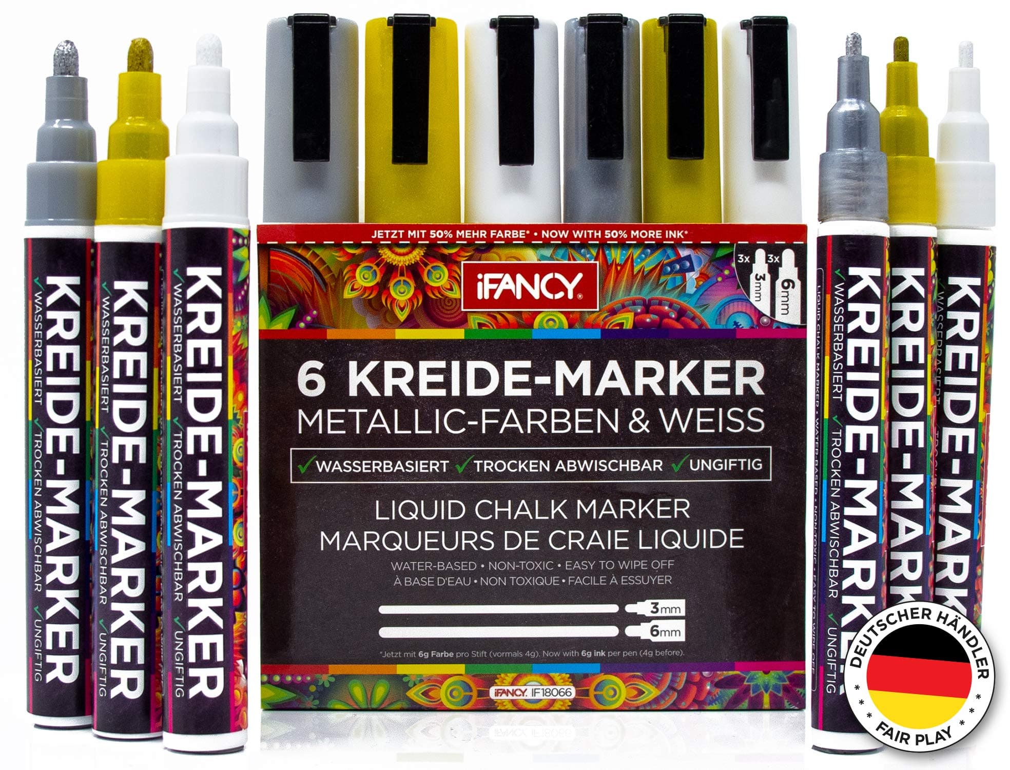 iFancy Premium Metallic Chalk Pens Set of 6 Gold Silver & White – 3 mm + 6 mm Interchangeable Tip – 50% More Ink – Washable & Non-Toxic Chalk Marker