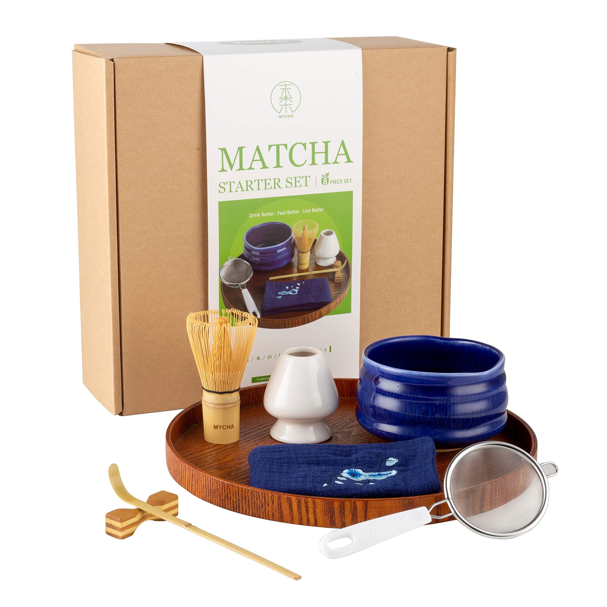 MYCHA-Complete Matcha Ceremony Gift Set -Japanese Handcrafted Matcha Tea Bowl-Bamboo Whisk-Scoop-Scoop Holder-Stainless Steel Sifter-Ceramic Whisk Holder-Tea Cloth-Tea Tray,Prep Guide (Sapphire blue)