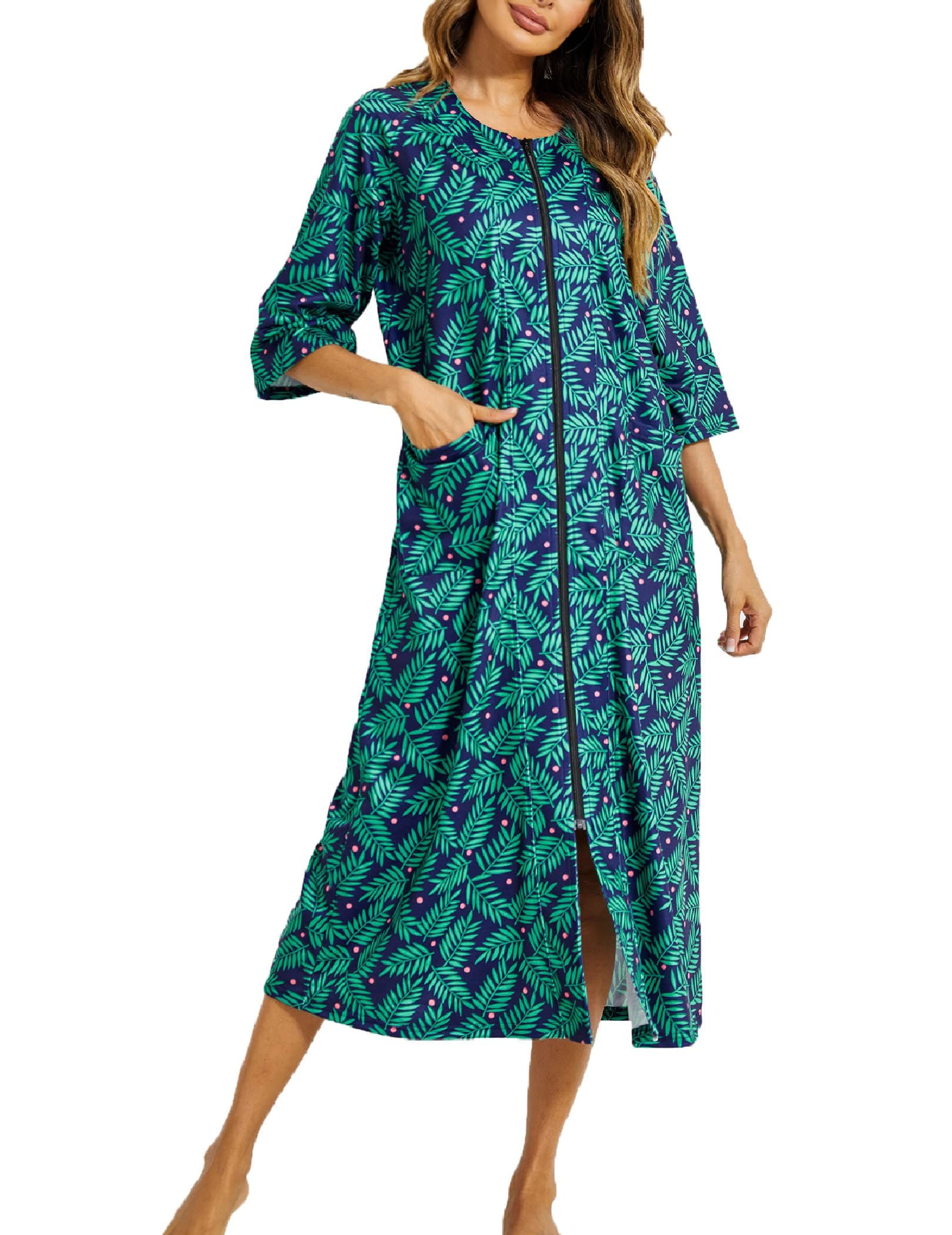 EkouaerWomen's Zipper Robe 3/4 Sleeve Housecoats Full Length House Dress Loungewear Long Nightgown with Pockets