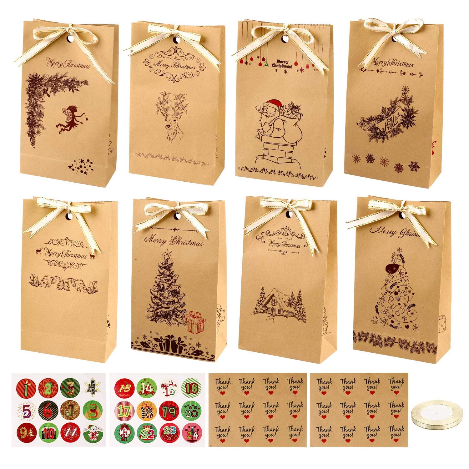 Gift Bags, GIKPAL 24 pcs Christmas Paper Bags Kraft Paper Bags with 48 Xmas Gifts Stickers for Presents Candies Cookies Bundle Xmas Theme Gift Wrapping Bags (Light Brown, 22x13x6cm)