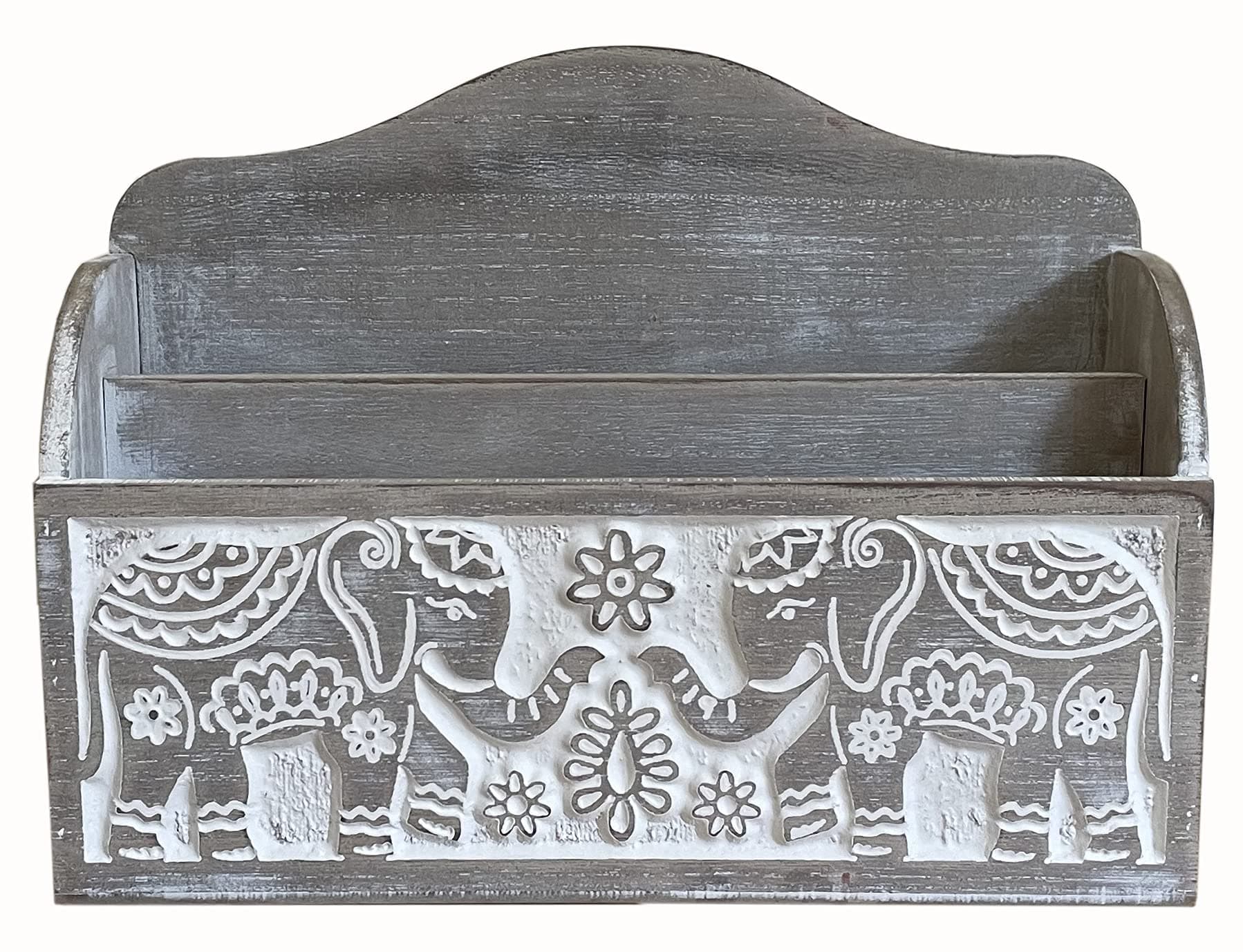 Wooden Letter Rack with Indian Elephant Carving - Natural Wood, 24.5cm x 18cm - Perfect for Organizing Letters & Adding Charm"