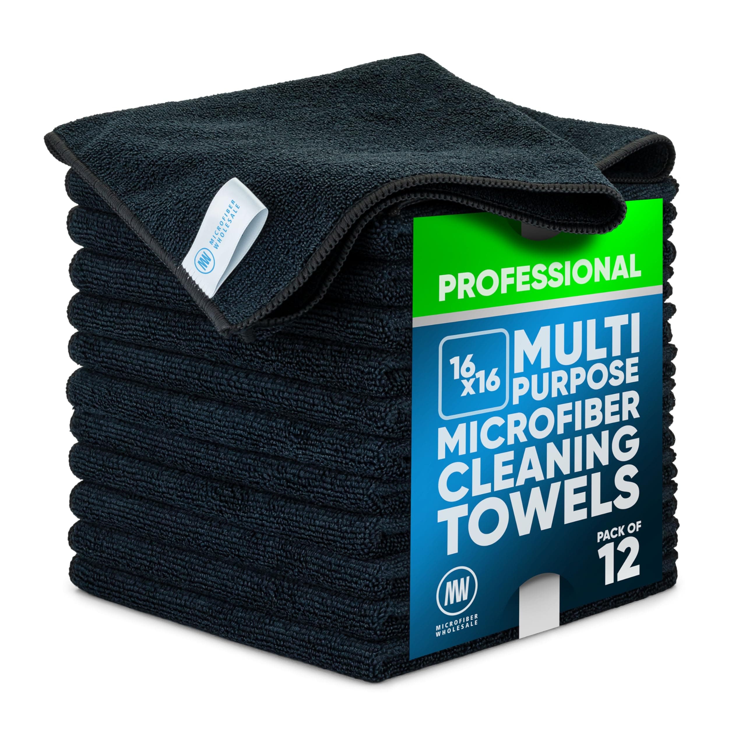 Microfiber Wholesale MW Pro 16x16 Auto Detailing Towels - Plush Car Drying Cloths for Wax Removal, Interiors & Body Shops - Scratch Free (Black, 12-Pack)