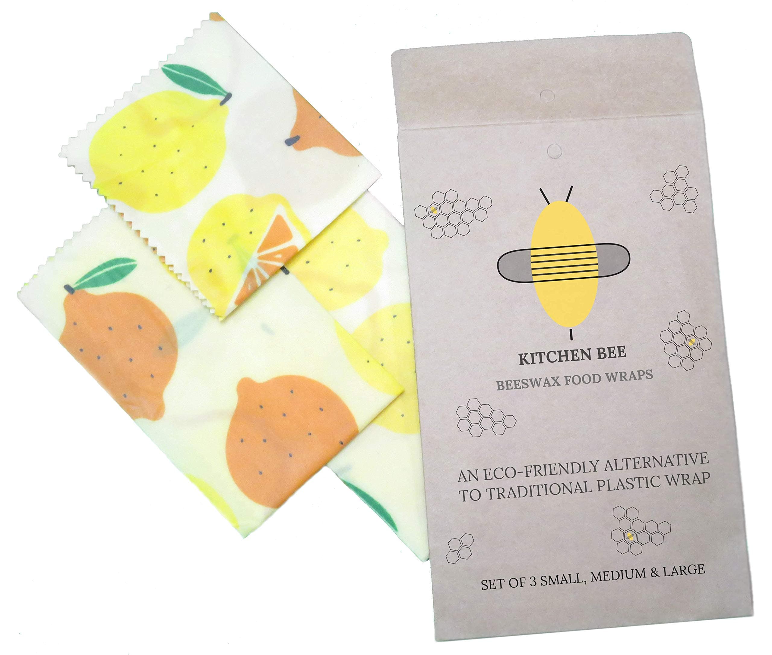 Kitchen Bee Beeswax Food Wrap (Set of 3) - Free Eco-Friendly Tips eBook - Made with Jojoba Oil & Natural Tree Resin, Antibacterial, Reusable Alternative to Traditional Plastic Wrap