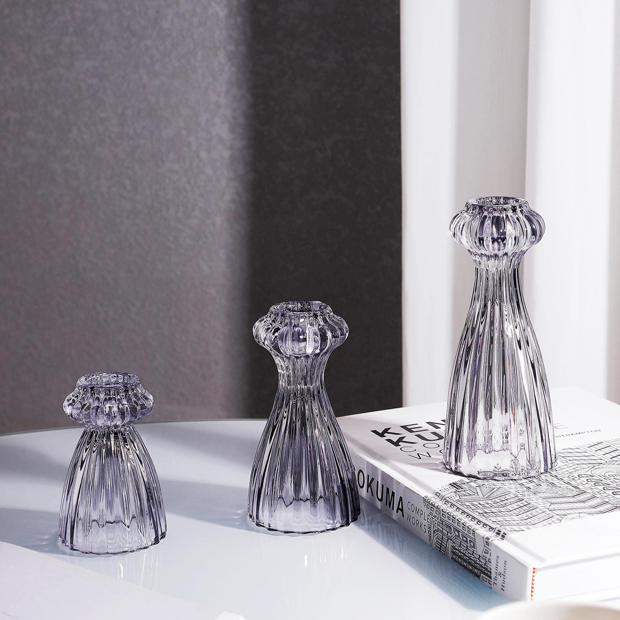 Lysenn Glass Candle Stick Holder Set of 3 – Premium Taper Candle Holders for Romantic Ambiance - Candle Sticks Holder Decor for Special Occasions - Smoke Gray
