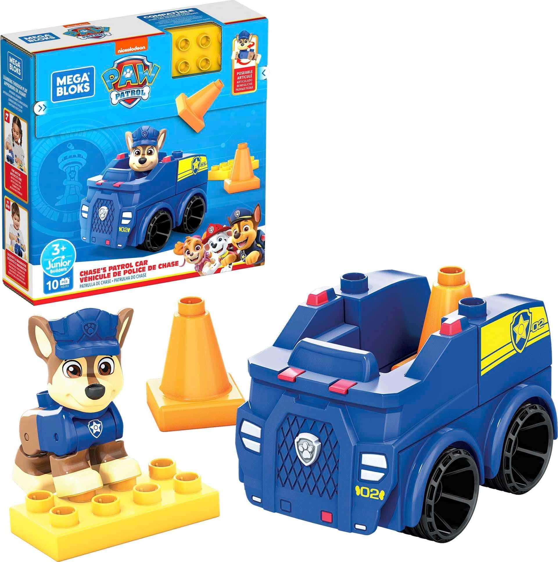 Bloks PAW Patrol Chase's Police Car Building Set, 10 building blocks and special pieces with 1 Chase figure, pylon cone and rolling wheelbase, toy gift set ages 3-5