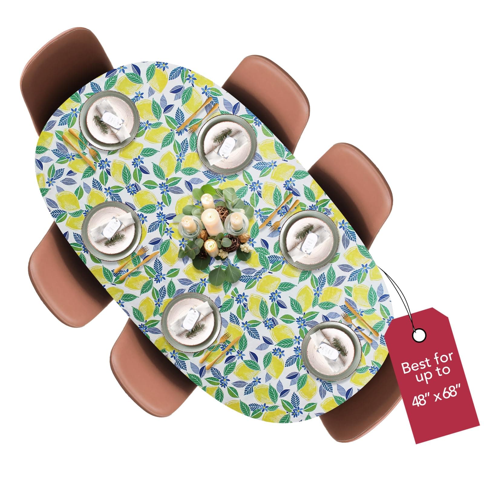 Covers For The Home Deluxe Elastic Edged Flannel Backed Vinyl Fitted Table Cover - Contemporary Lemon Pattern - Round Oblong Oval- Fits Tables up to 48" W x 68" L