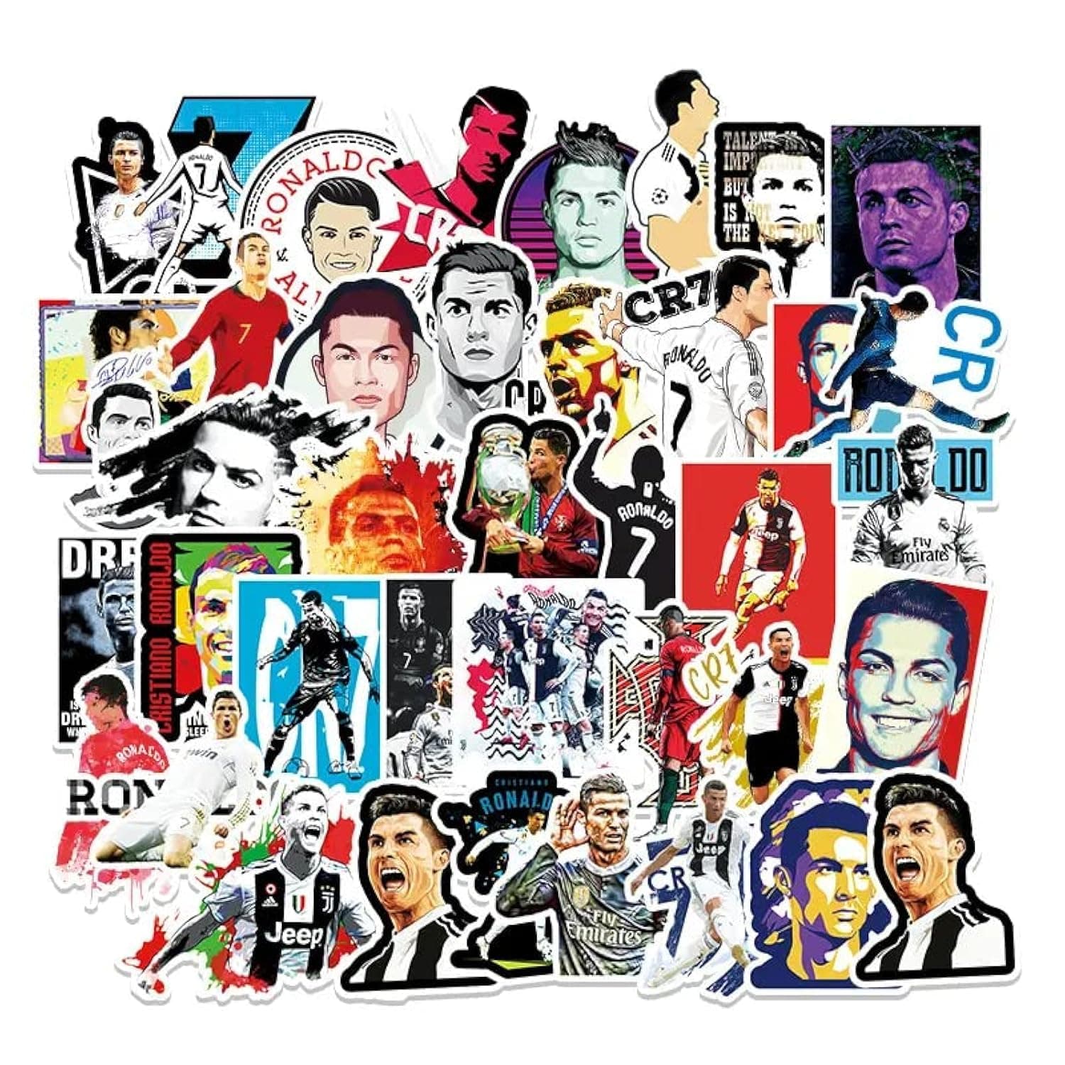 50 Pcs Vinyl Sticker of Ronaldo for Soccer Lovers Waterproof Stickers Bomb for Wall, Computer, Laptop, Skateboard, Water Bottle, Mug, Kids Scrapbook Gift for Birthday, Christmas, Thanksgiving