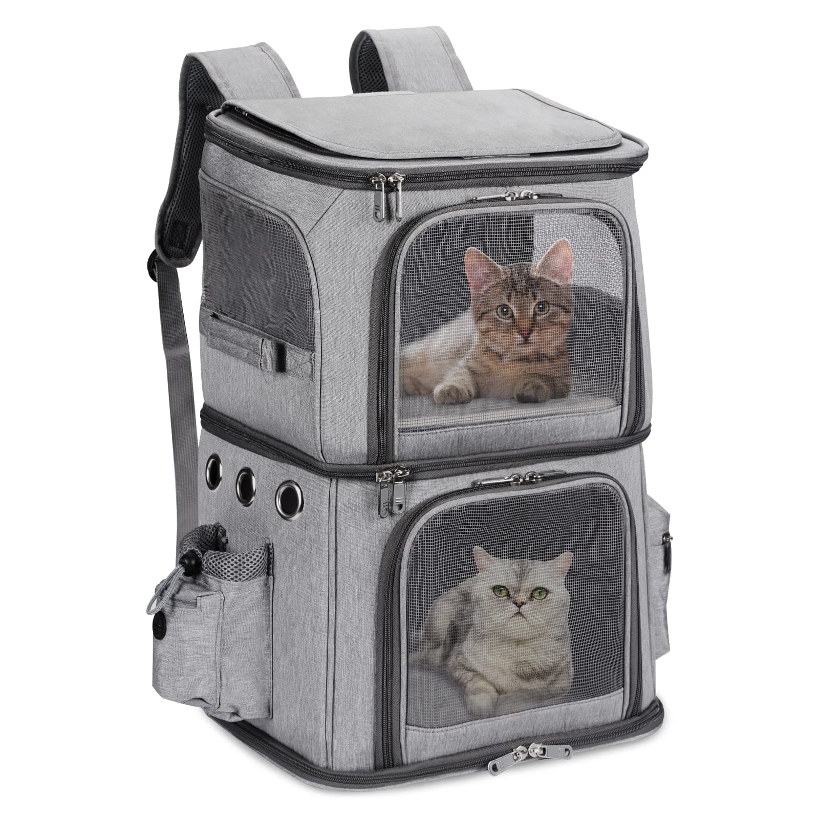 Double-Compartment Pet Carrier Backpack for Small Cats and Dogs, Cat Travel Carrier for 2 Cats, Perfect for Traveling/Hiking/Camping, Grey