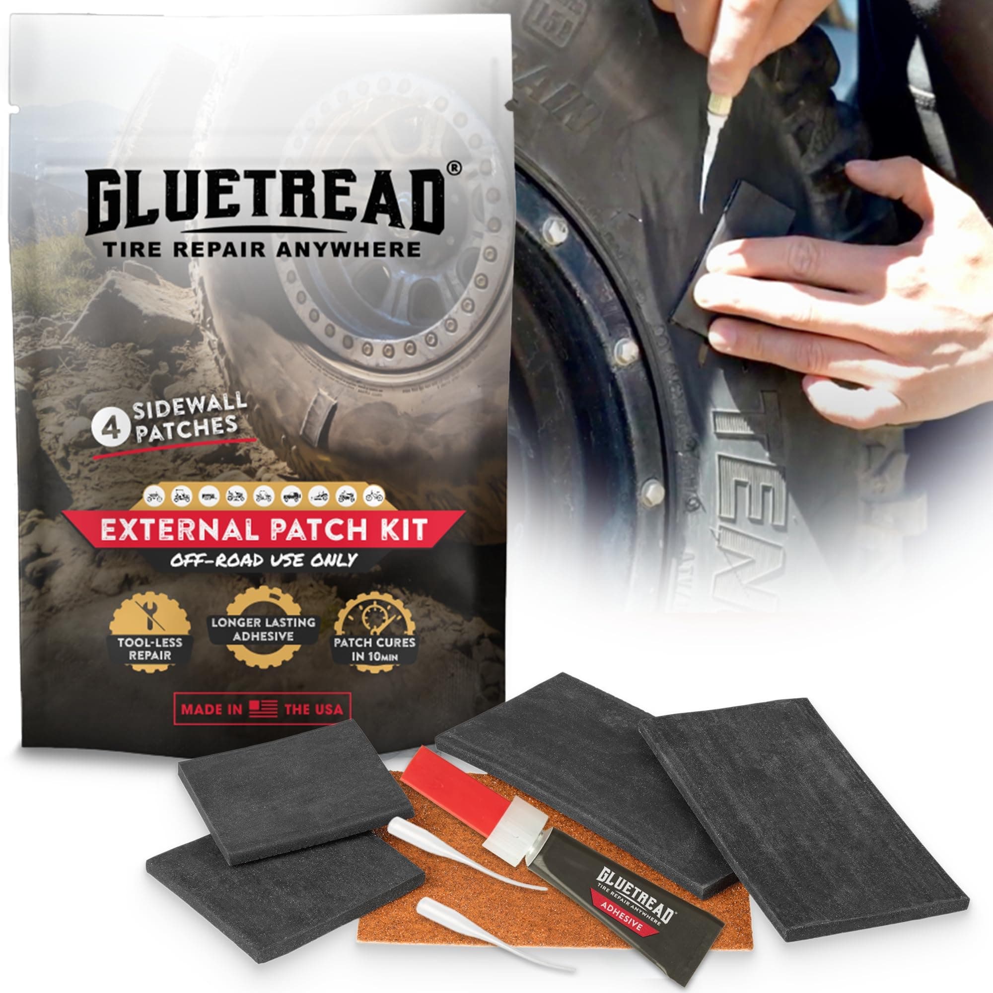 GlueTread External Patch Kit - for Tubeless Tires - No Need to Remove Tire - Kit Includes Enough Material to Patch 4 Tires - ATV Sidewall Repair Kit