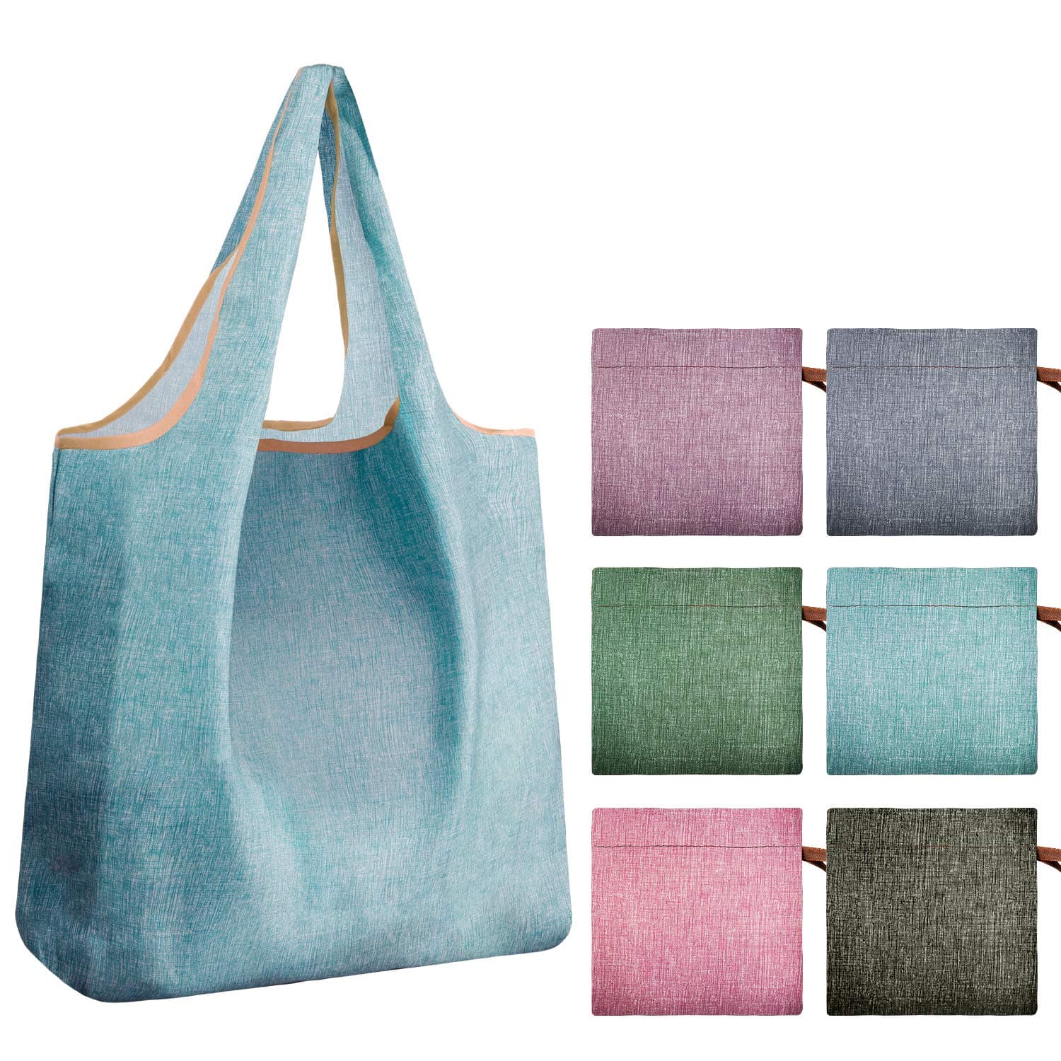 REGER Reusable Shopping Tote Fabric Foldable Bags Compact Pocket Heavy Duty Eco Friendly Machine Washable Denim Blue(Simple colors,Pack of 6)