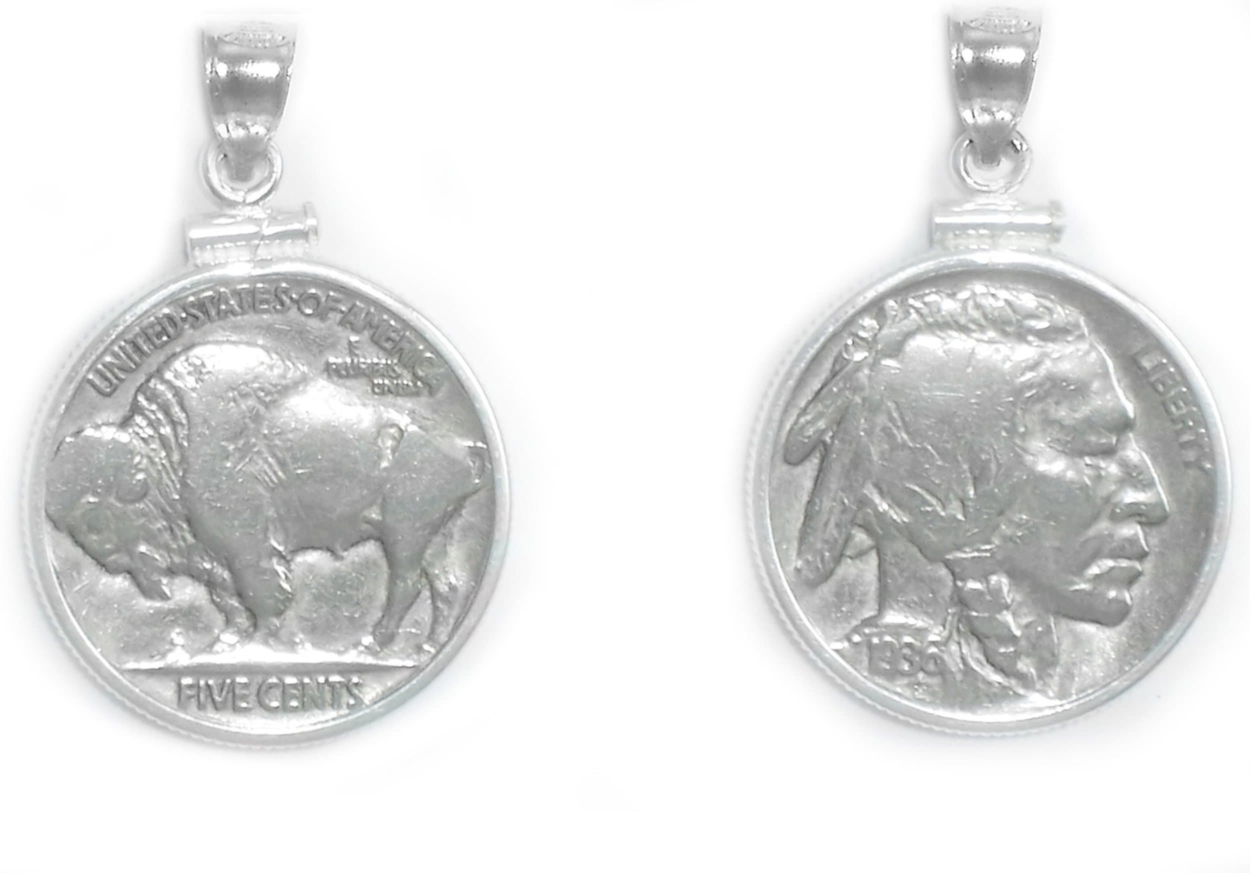 Flintski JewelryBuffalo Indian Head Nickel Sterling Silver Coin Edge Coin Pendant With Coin