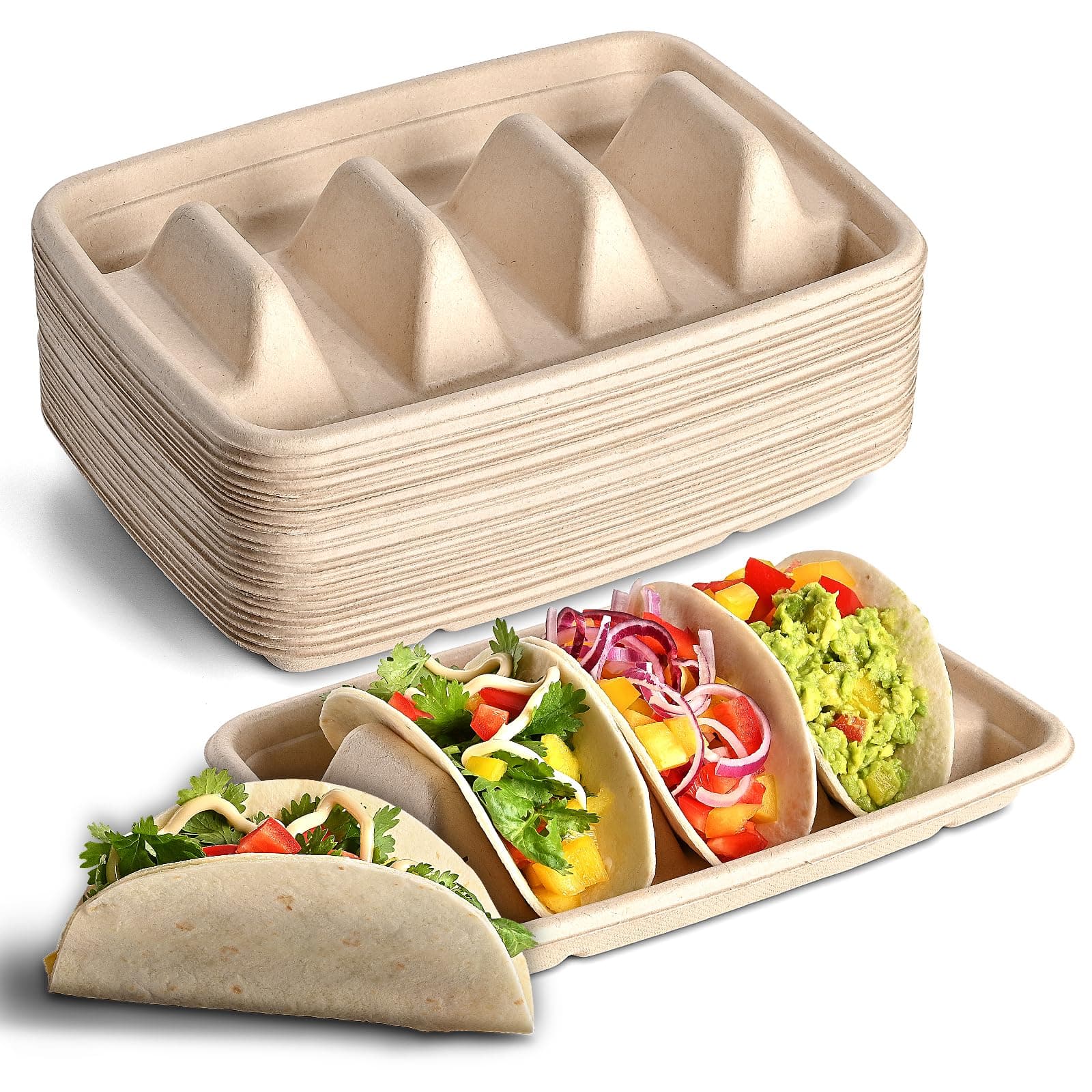 24PCS Disposable Taco Holders for Party, Premium Paper Taco Plates with 3 Dividers, Fiesta Tacos Holder Tray for Taco Tuesday Bar Serving Set, Decorations Supplies