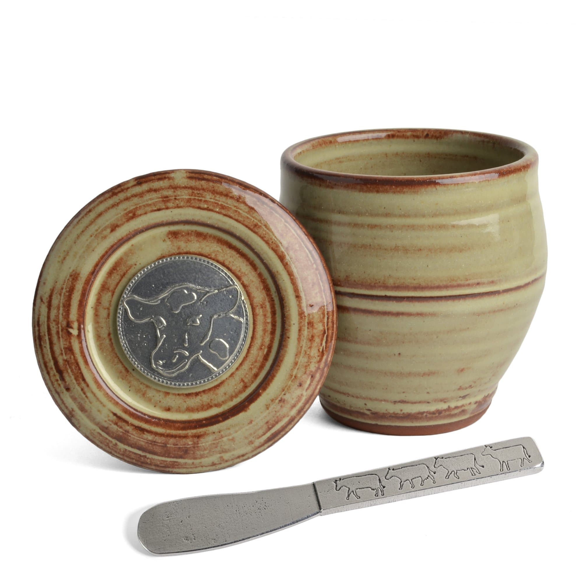 Oregon Stoneware Studio Cow French Butter Keeper with Pewter Spreader, Latte