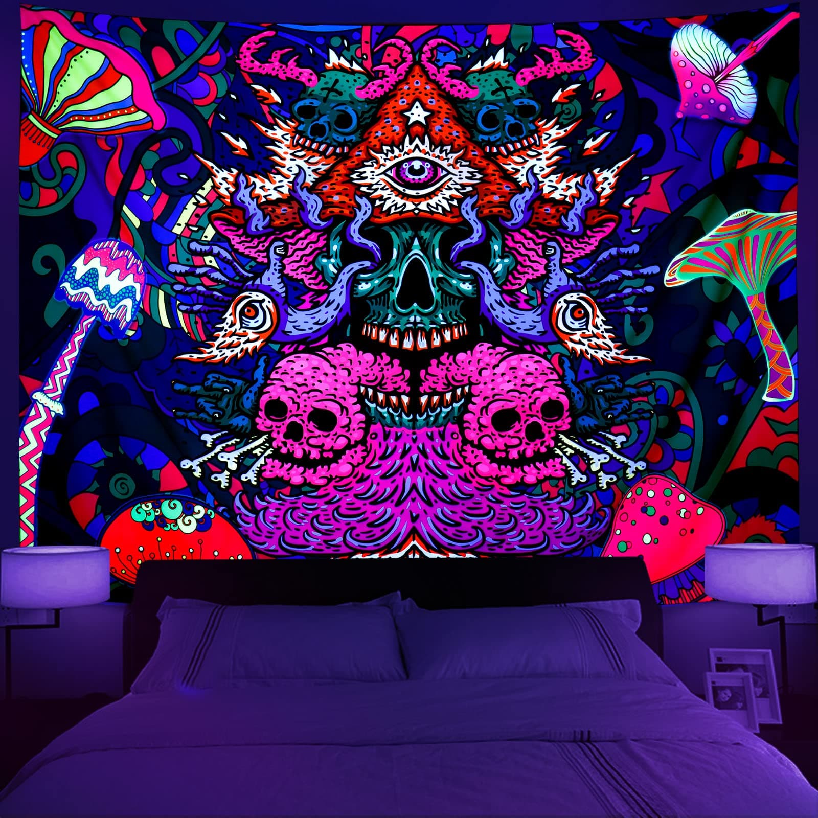 Leofanger Blacklight Skull Tapestry Aesthetic Backdrop Wall Hanging UV Reactive Colorful Hippie Black Light Tapestries for Bedroom home Decor (59.1 × 78.7 inches)