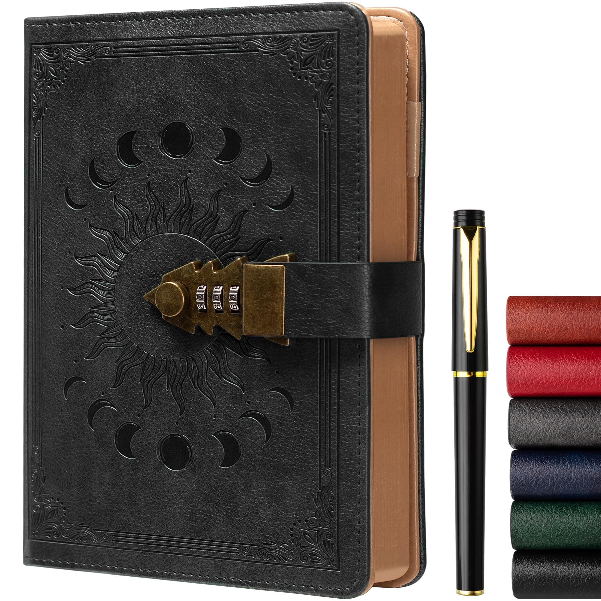ZXHQ A5 Journal with lock, 120Gsm 224 Pages Lock Diary, Pen Set, Brown Edge, Refillable, Leather Hardcover, Fine Inner Pocket (5.9 x 8.5 inch) - Black