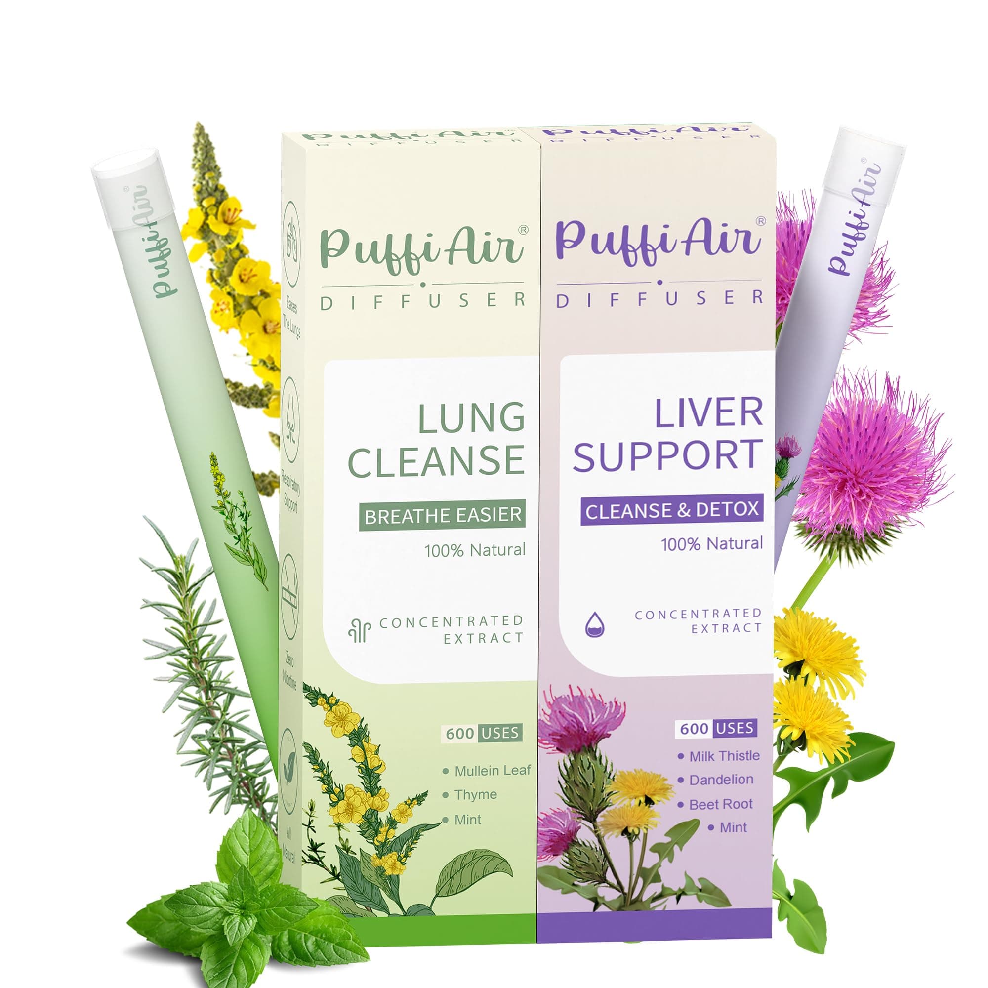 Herbal Diffuser Duo, Lung Cleanse and Liver Care Diffuser Pens with Extract of Mullein and Milk Thistle, 100% Natural Swap, Home & Party Duo, 600 Uses Each