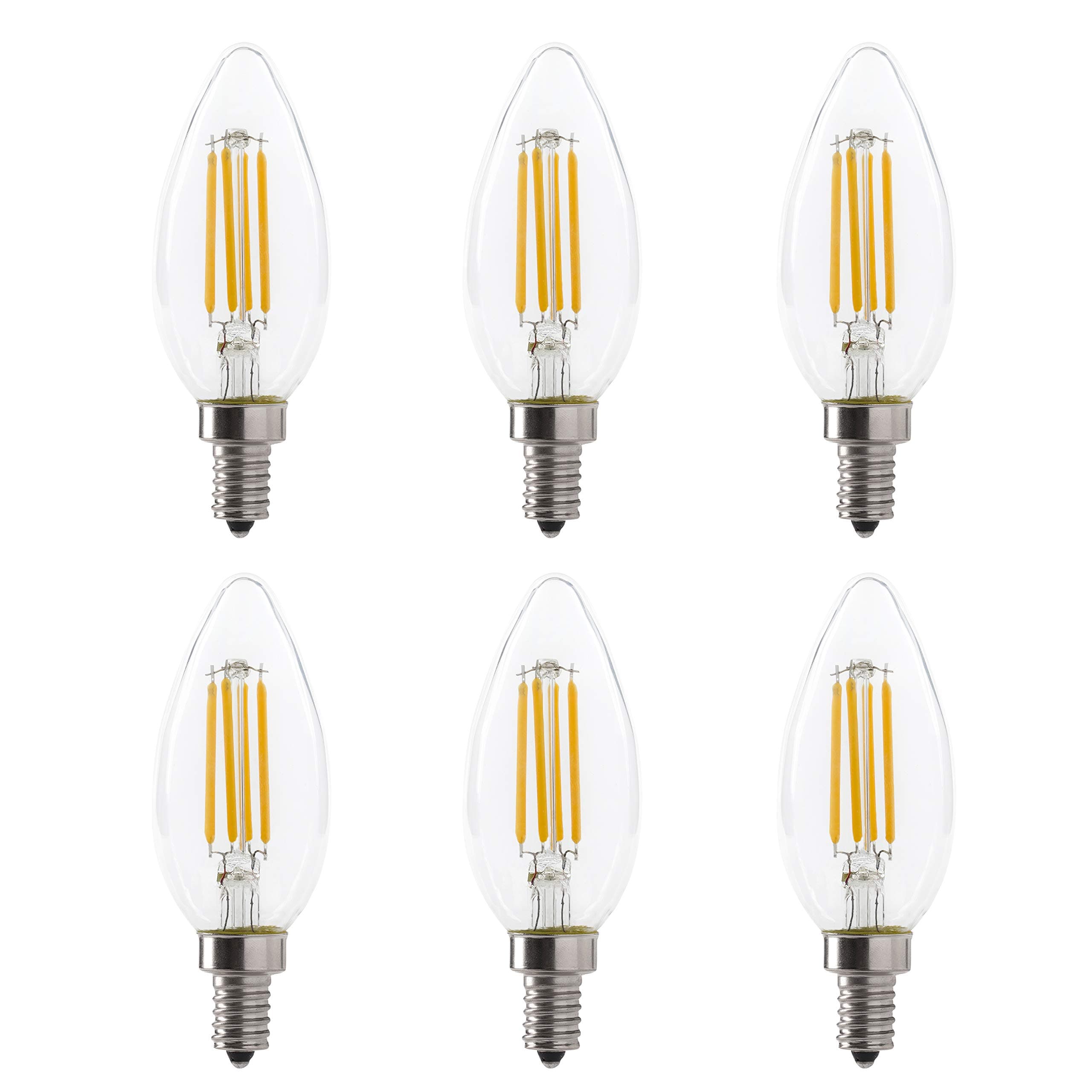LED B10 4W Torpedo Filament Chandelier Light Bulb, 40W Equivalent, 330 Lumens, 2700K Soft White, Dimmable, 120V, E12 Candelabra Base, Energy Star, Clear (6 Pack)