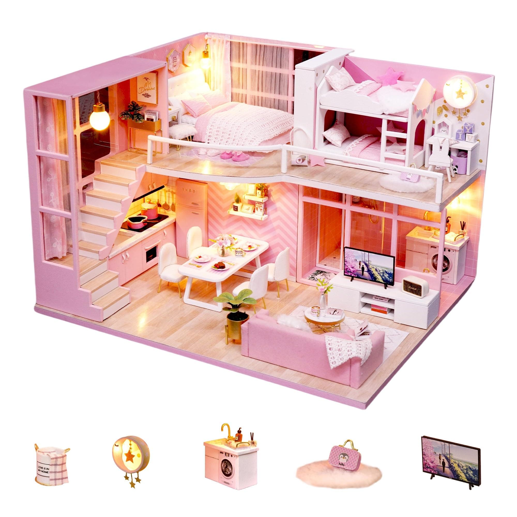 Flever Dollhouse Miniature DIY House Kit Creative Room with Loft Apartment Scene for Romantic Artwork Gift (Dream Angel)