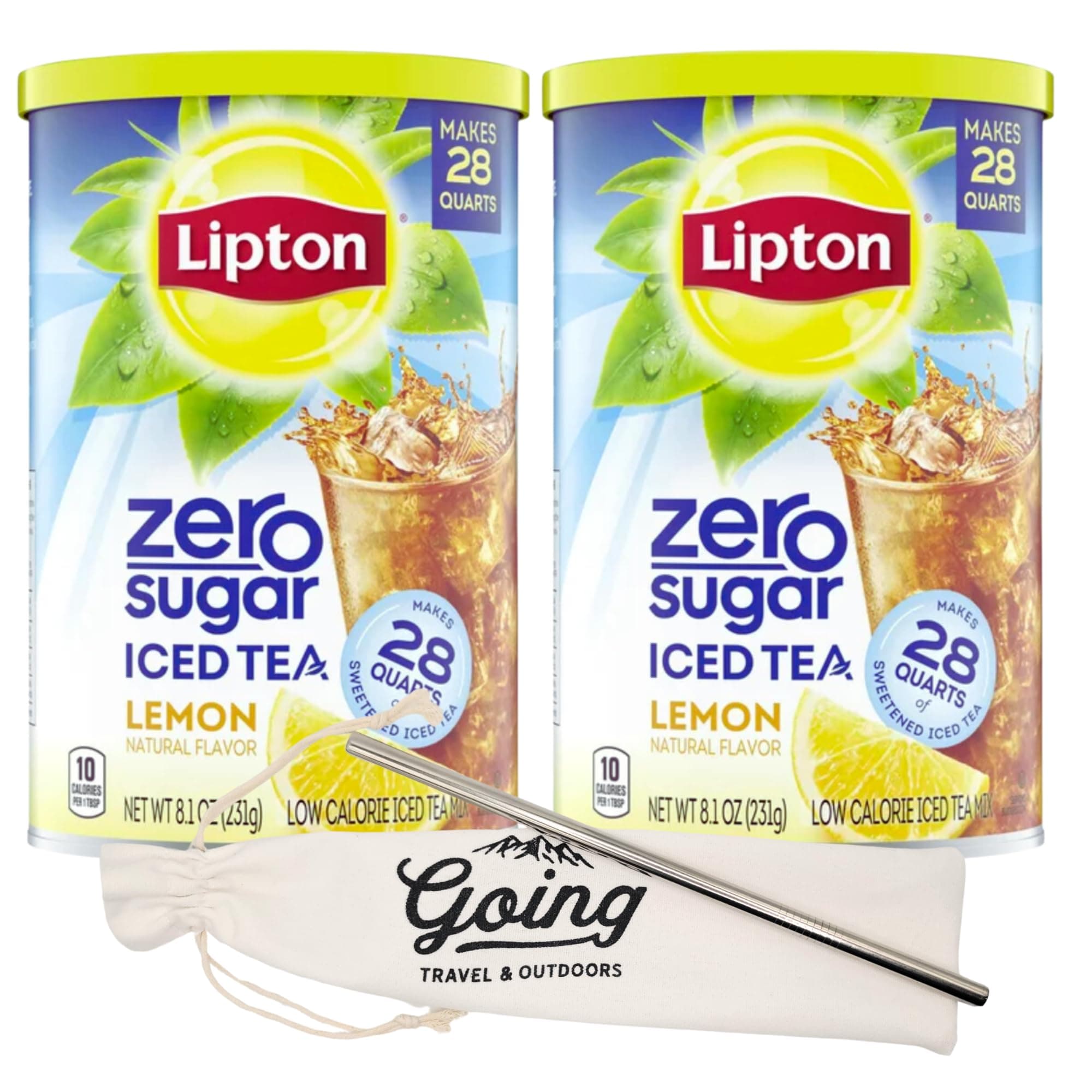 Zero Sugar Tea Bundle with Zero Sugar Lemon Ice Sweet Tea - Set of Two 8.1oz Containers - Each Makes 28 Quarts of Tea + Stainless Steel 8.5" Straw with Cleaning Brush and Carrying Bag by Going