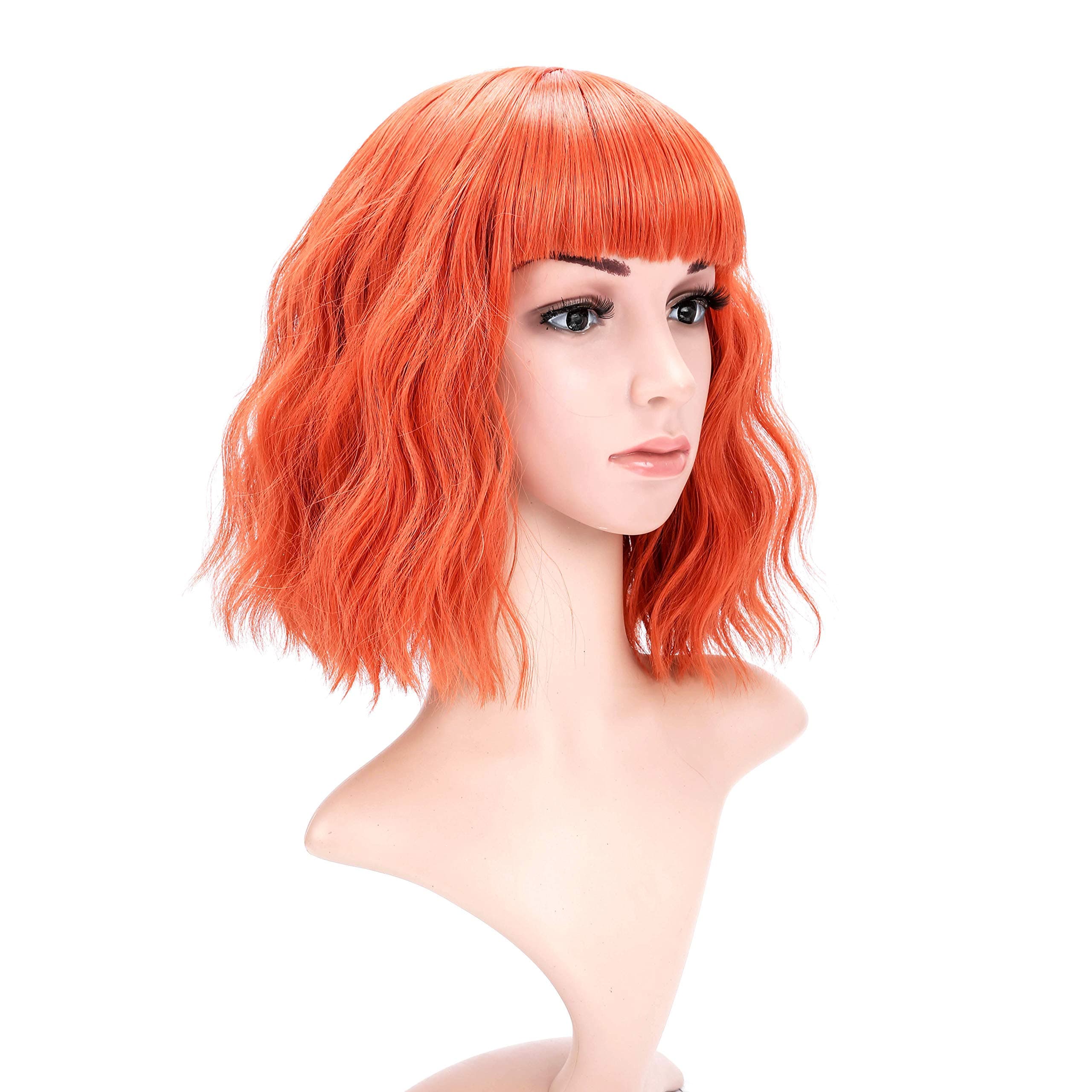 VCKOVCKOShort Bob Wigs Pastel Wavy Wig With Air Bangs Women's Shoulder Length Wigs Curly Wavy Synthetic Cosplay Wig Pastel Bob Wig for Girl Colorful Costume Wigs(12", Orange)