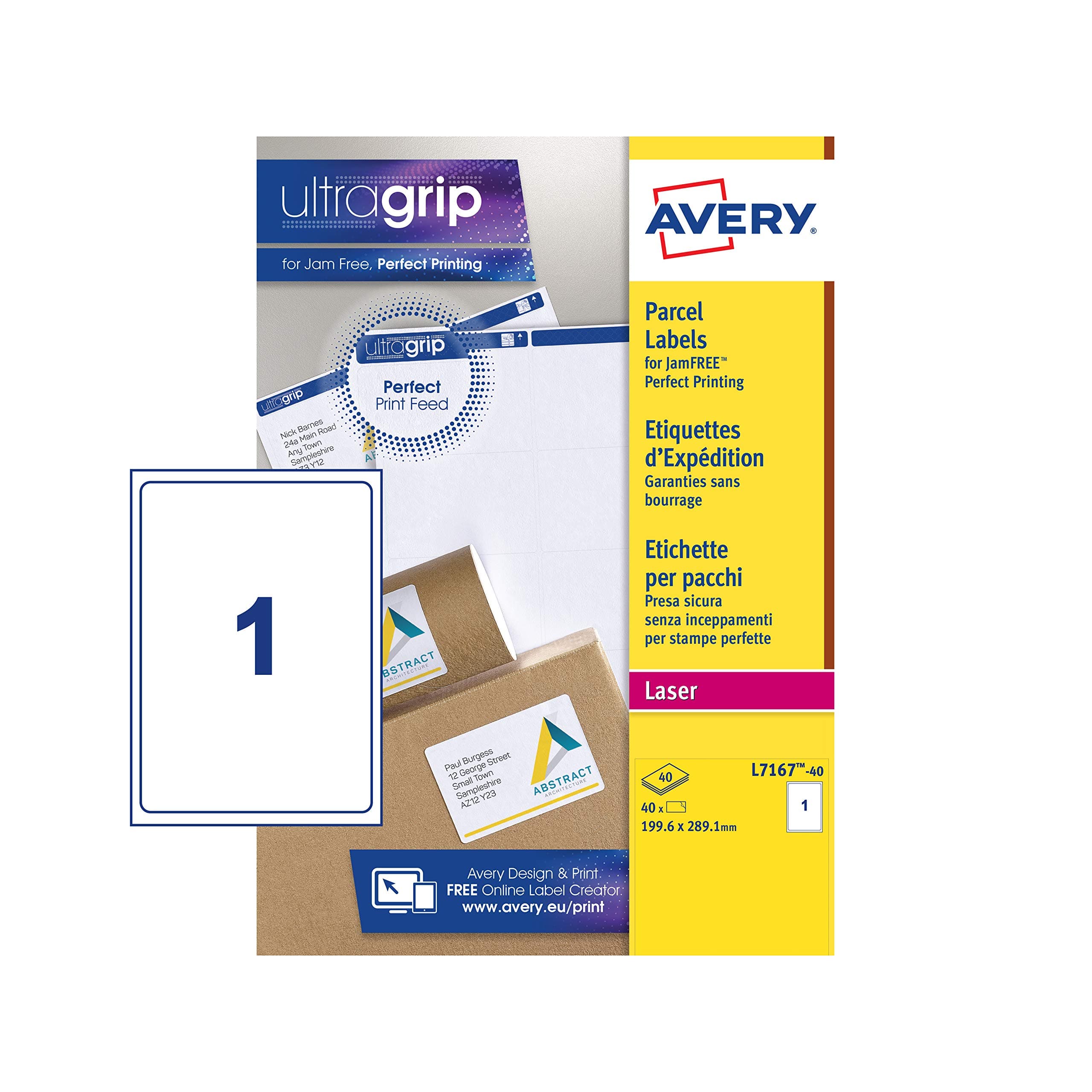 AVERYL7167 Self Adhesive Parcel Shipping Labels, Laser Printers, 1 Label Per A4 Sheet, 40 Labels, UltraGrip, White